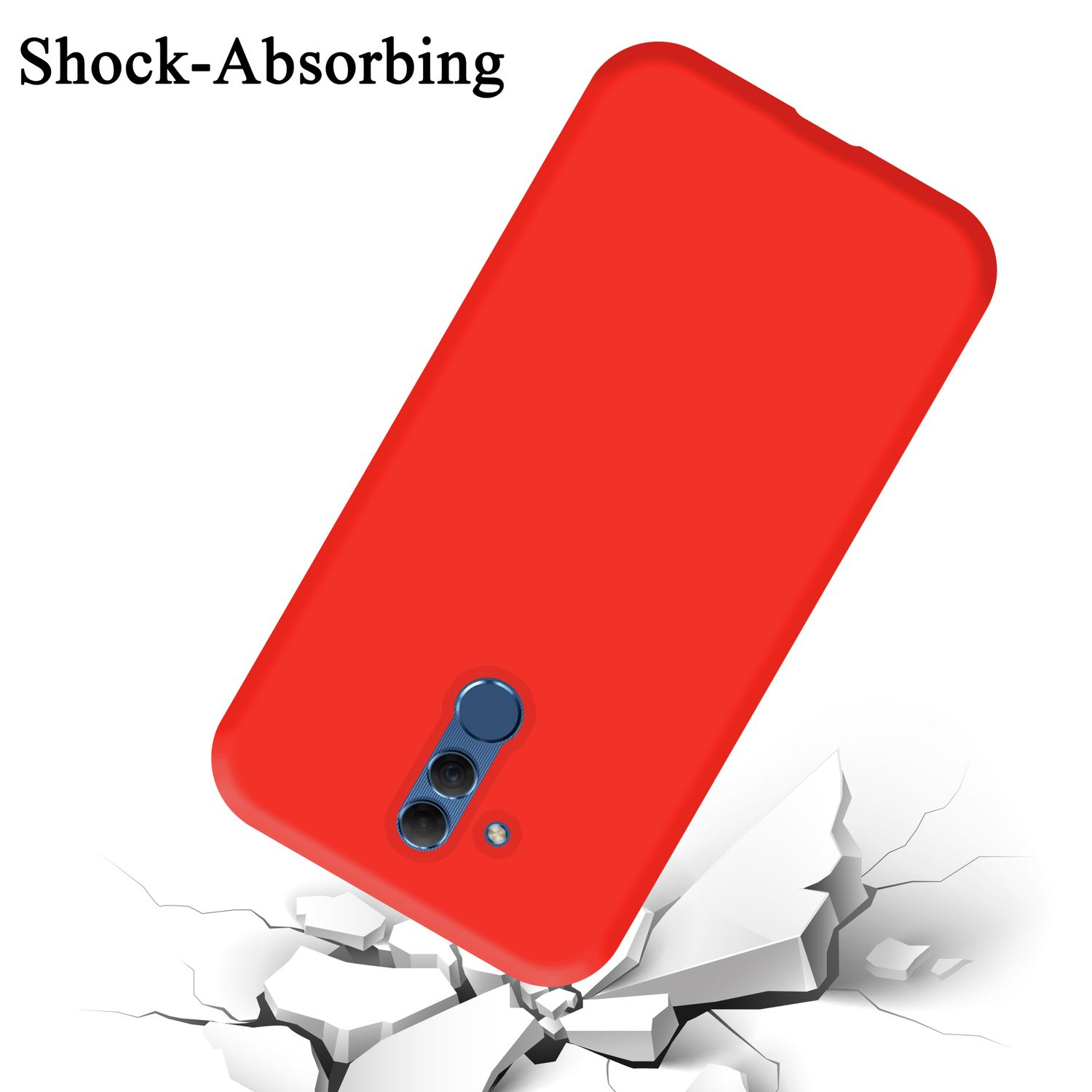 Rote Handyhülle mit einem Handy darin. Die Hülle liegt auf einer weißen Oberfläche. Das Handy hat eine Kamera.