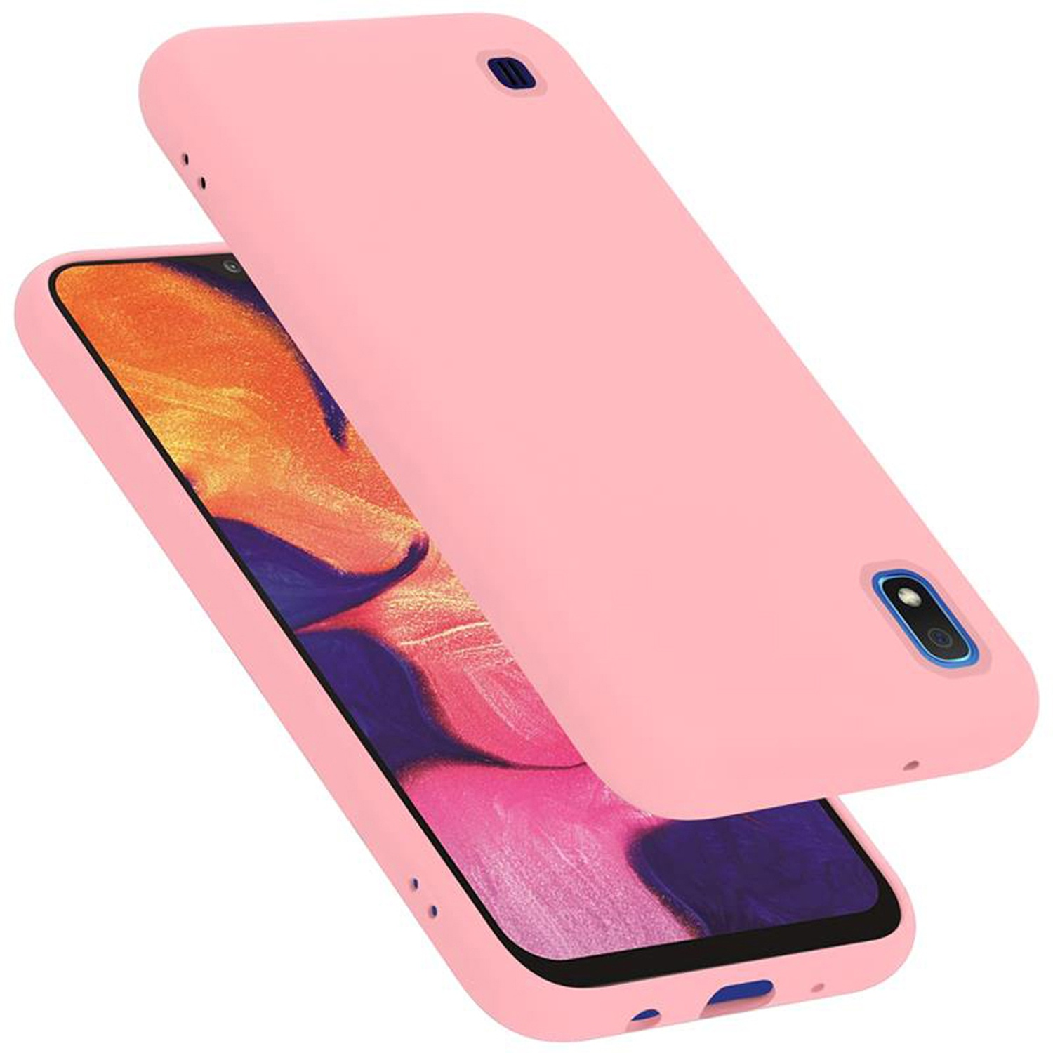 Rosa Handyhülle. Telefon darin mit sichtbarem Bildschirm. Hülle geöffnet, Telefon sichtbar.