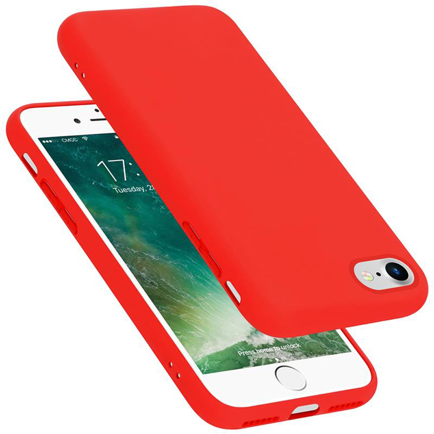 Ein rotes Telefon mit Hülle und Bildschirm mit farbenfrohem Hintergrundbild.