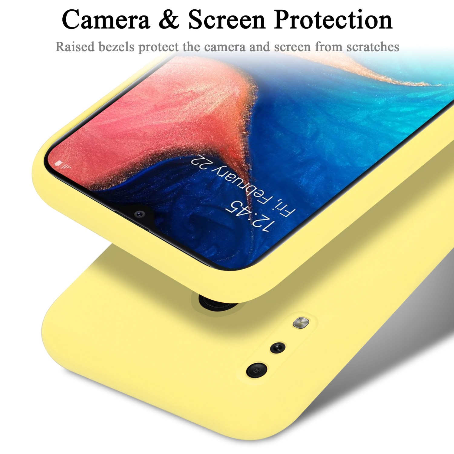 Gelbe Handyhülle mit Telefon. Text: Kamera- und Bildschirmschutz.