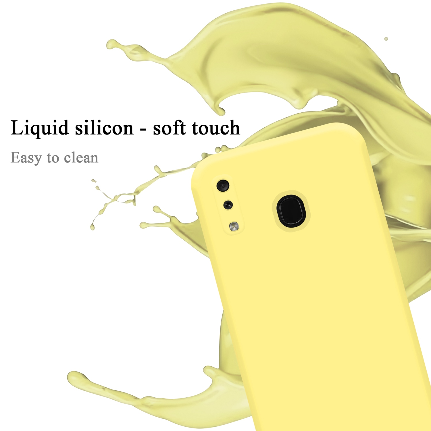 Gelbe Handyhülle mit Spritzer und Rückseite, Text: Flüssigsilikon - Soft Touch.