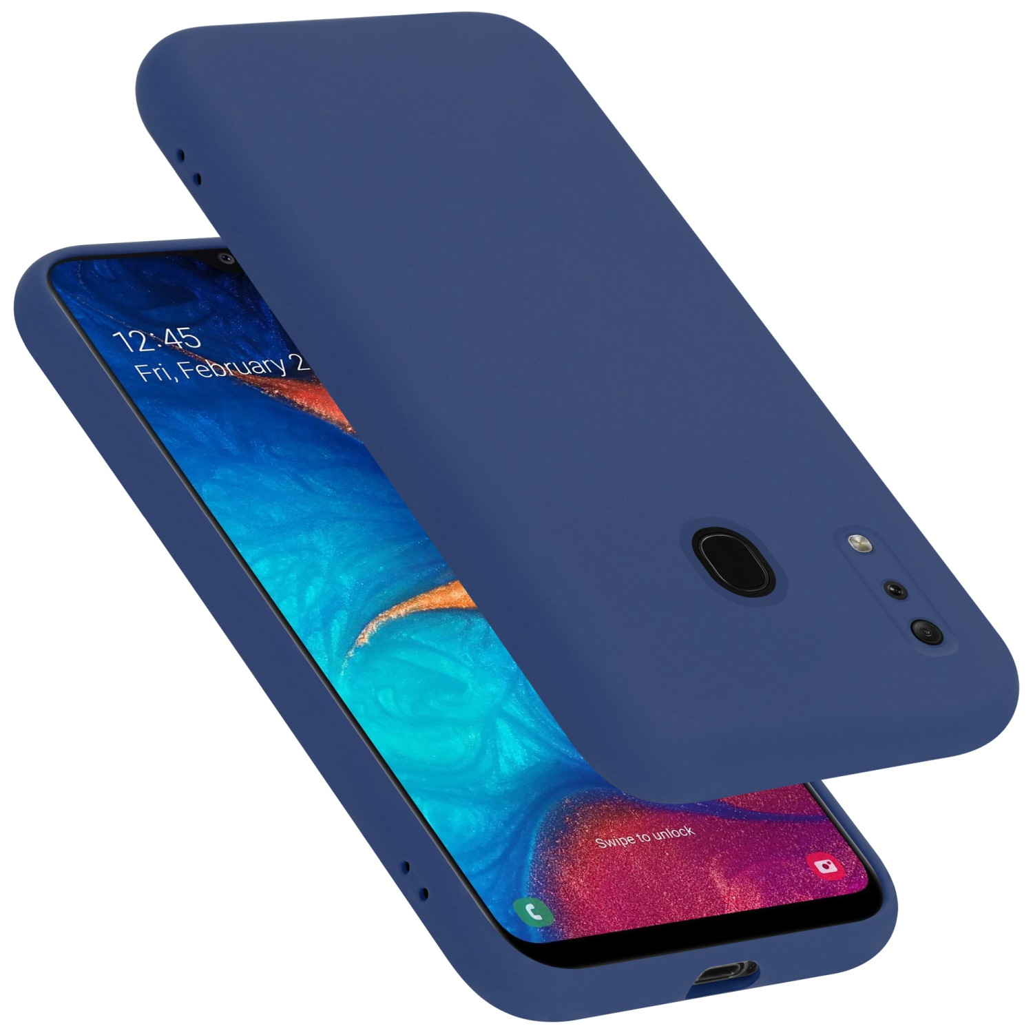 Blaue Handyhülle bedeckt ein Smartphone. Die Hülle ist oben und ein Telefon unten. Der Bildschirm ist sichtbar.