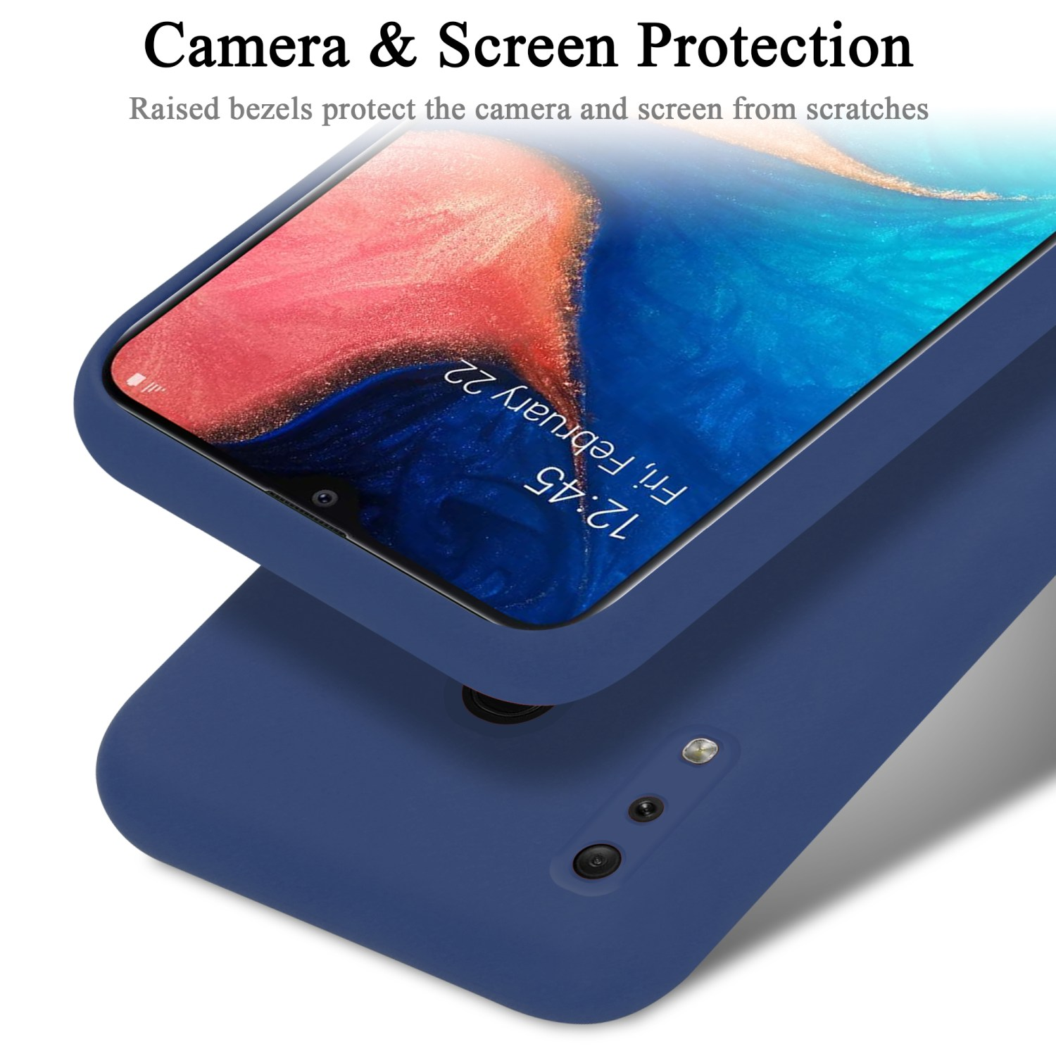 Blaue Handyhülle schützt das Telefon; Kamera und Bildschirm geschützt.