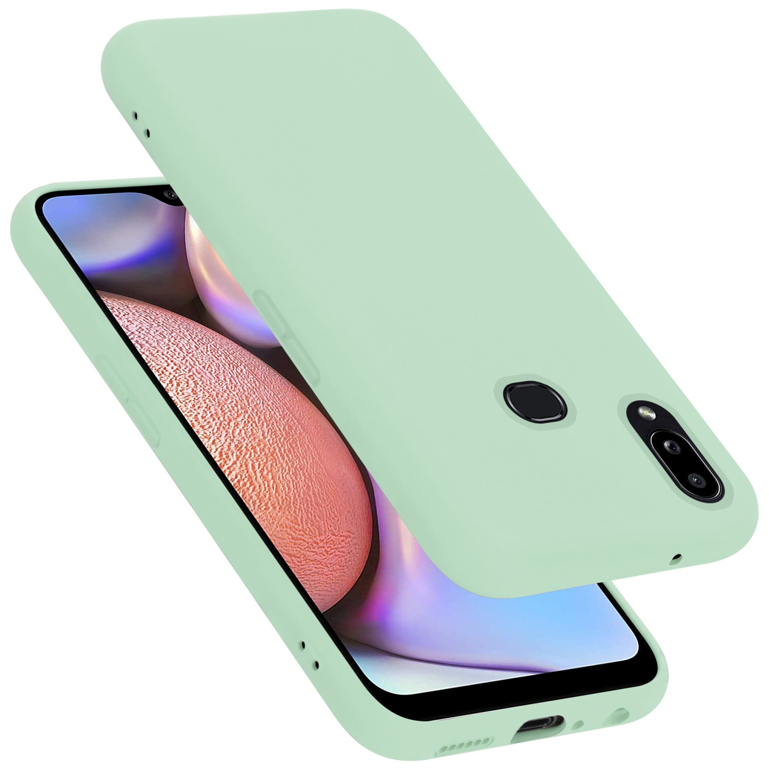 Eine mintgrüne Handyhülle mit einem Telefon darin. Die Handyhülle ist geöffnet, und der Bildschirm des Telefons ist sichtbar.