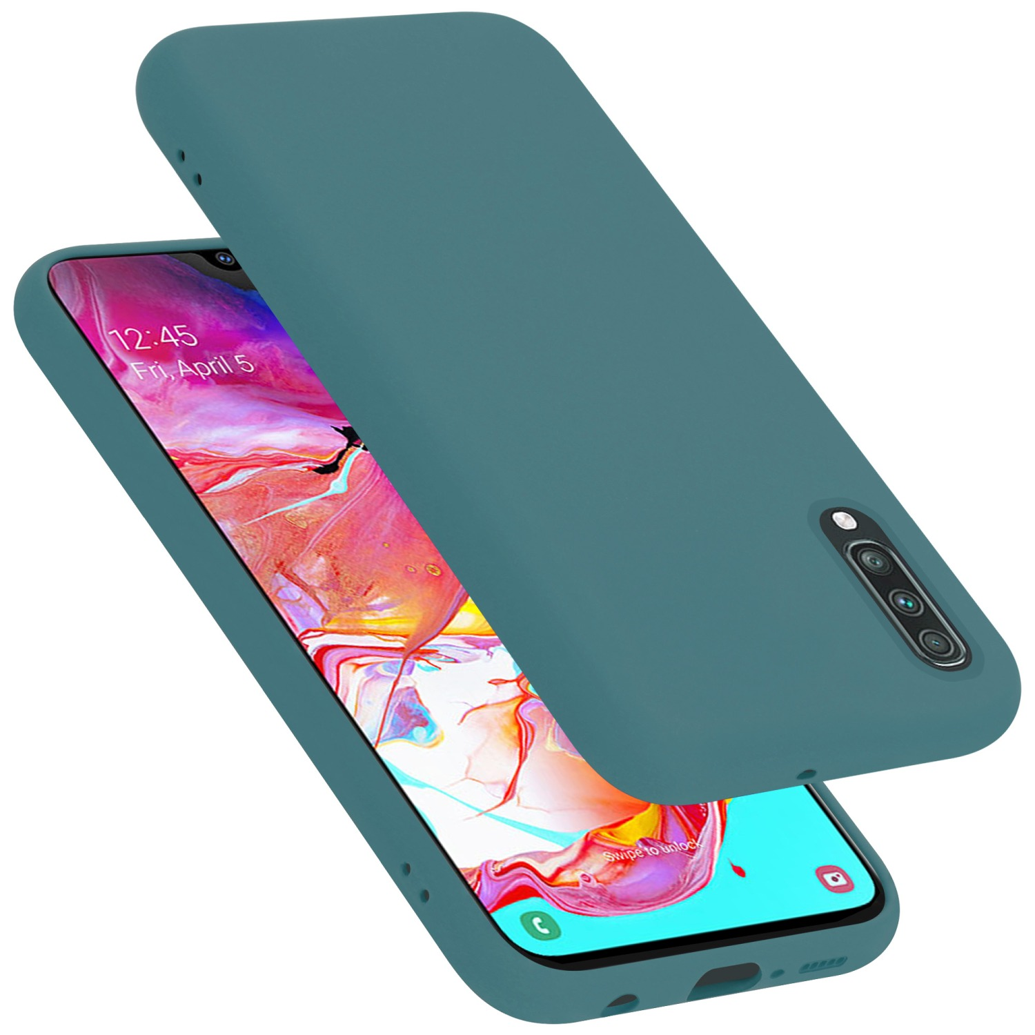 Eine türkisblaue Handyhülle. Das Telefon hat einen Bildschirm mit farbenfrohem Hintergrund. Die Hülle ist offen.