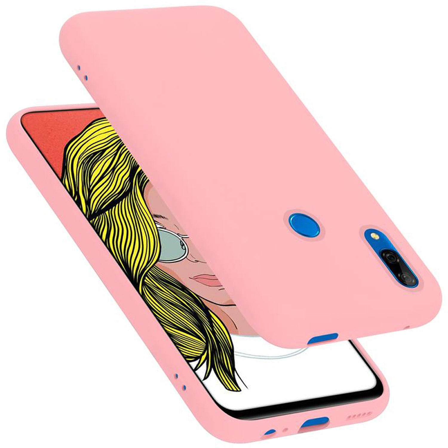 Eine pinke Handyhülle mit einem Telefon darin und die Rückseite der Hülle auf weißem Hintergrund.