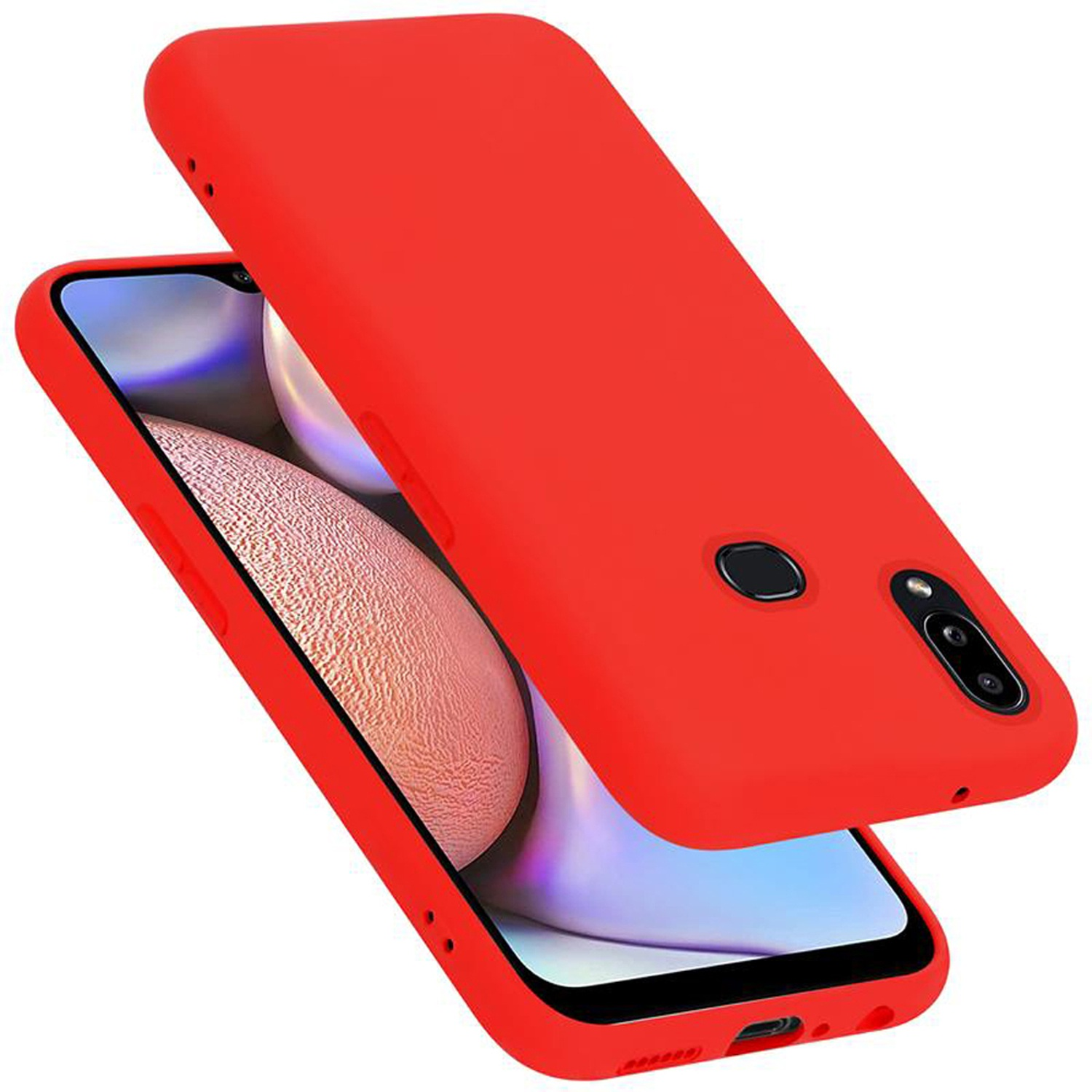 Rote Handyhülle. Telefon darin mit sichtbarem Bildschirm. Hülle geöffnet, Telefon sichtbar.