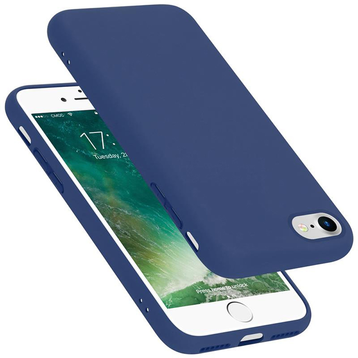 Blaue Handyhülle mit einem Telefon, das einen Startbildschirm anzeigt. Eine andere blaue Hülle schwebt.