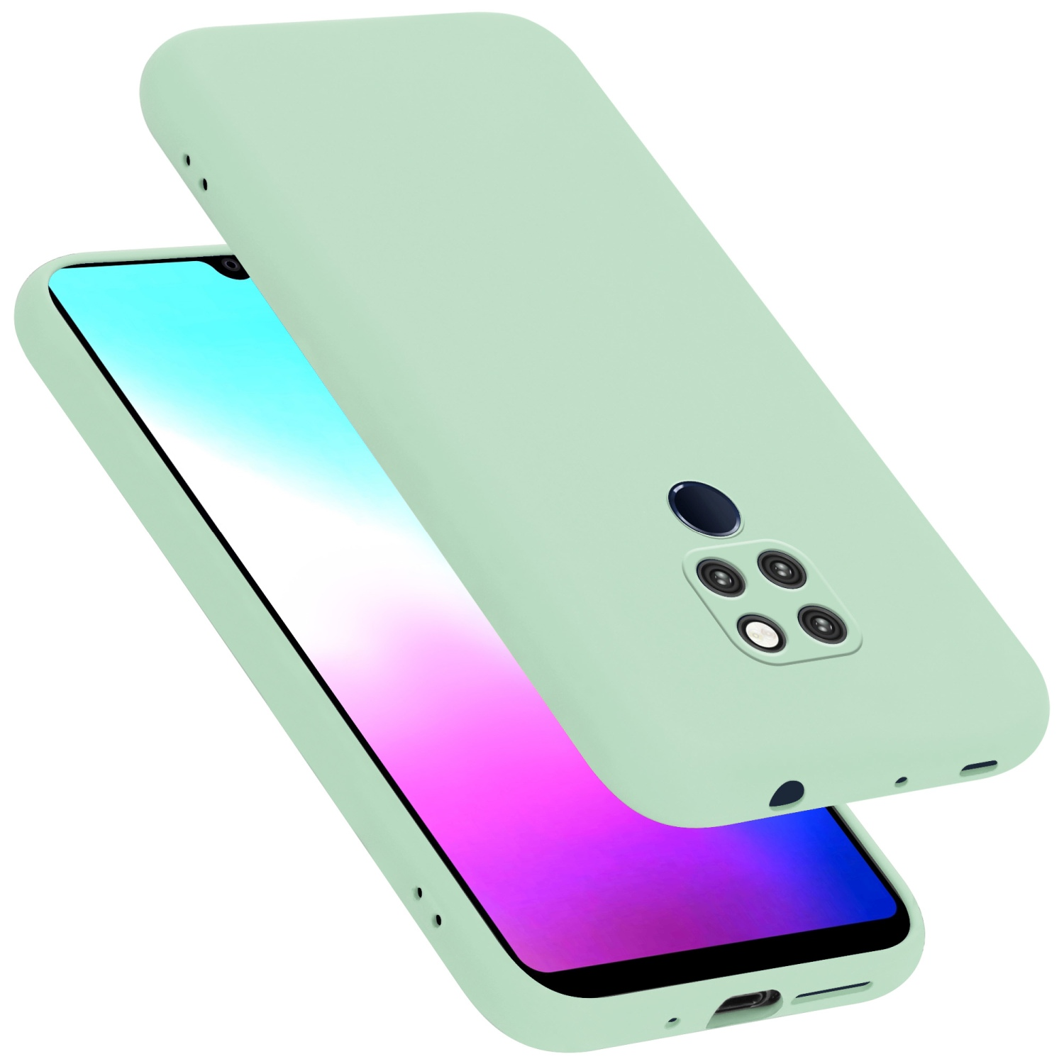Eine hellgrüne Handyhülle mit einem Telefon darin. Die Handyhülle ist offen, das Telefon drin.