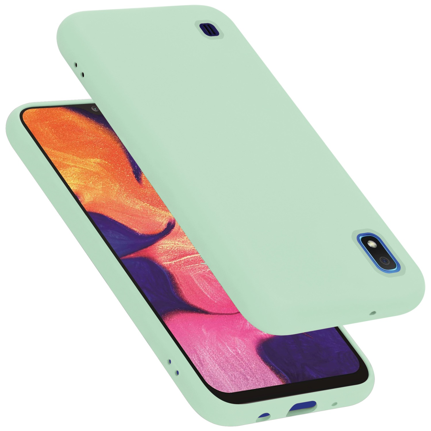 Eine mintgrüne Handyhülle mit einem Telefon darin und die Rückseite der Hülle auf weißem Hintergrund.