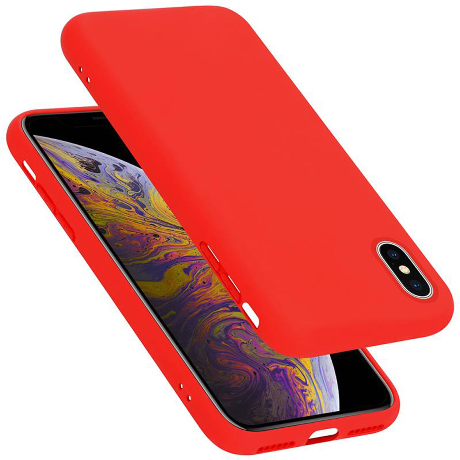 Rote Handyhülle mit Telefon. Gehäuse offen, Telefonbildschirm sichtbar. Weißer Hintergrund.