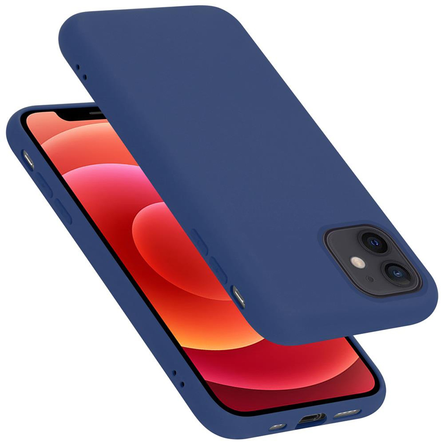 Blaue Handyhülle. Zwei Hüllen abgebildet, eine über einem Telefon, die andere daneben.
