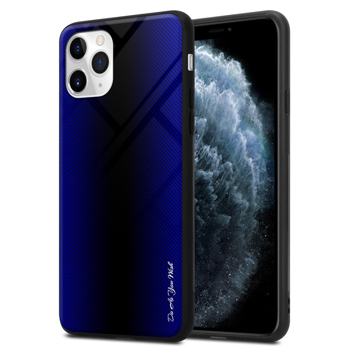 Custodia per telefono nera e blu su un telefono. La custodia copre il telefono.