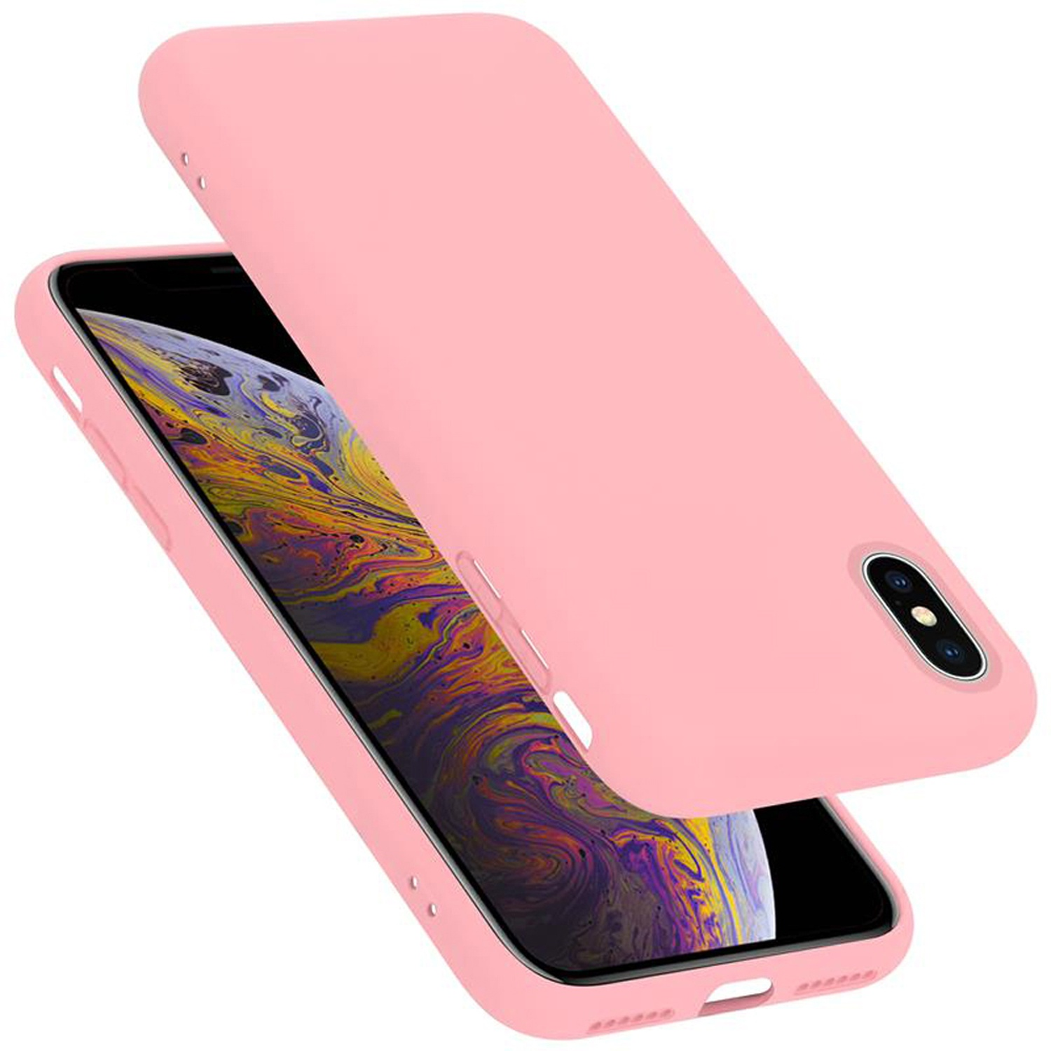 Rosa Handyhülle mit Telefon, mit abgehobener Rückseite.