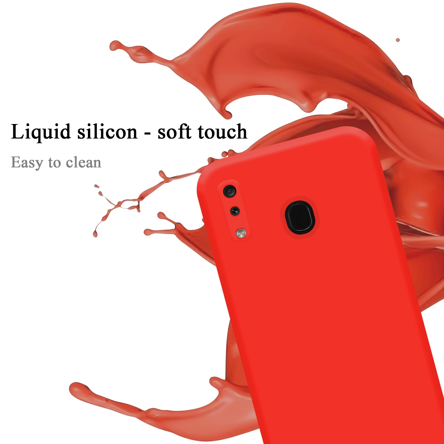 Rote Handyhülle mit Farbspritzern. Text: 'Liquid silicon - soft touch' und 'Easy to clean'.