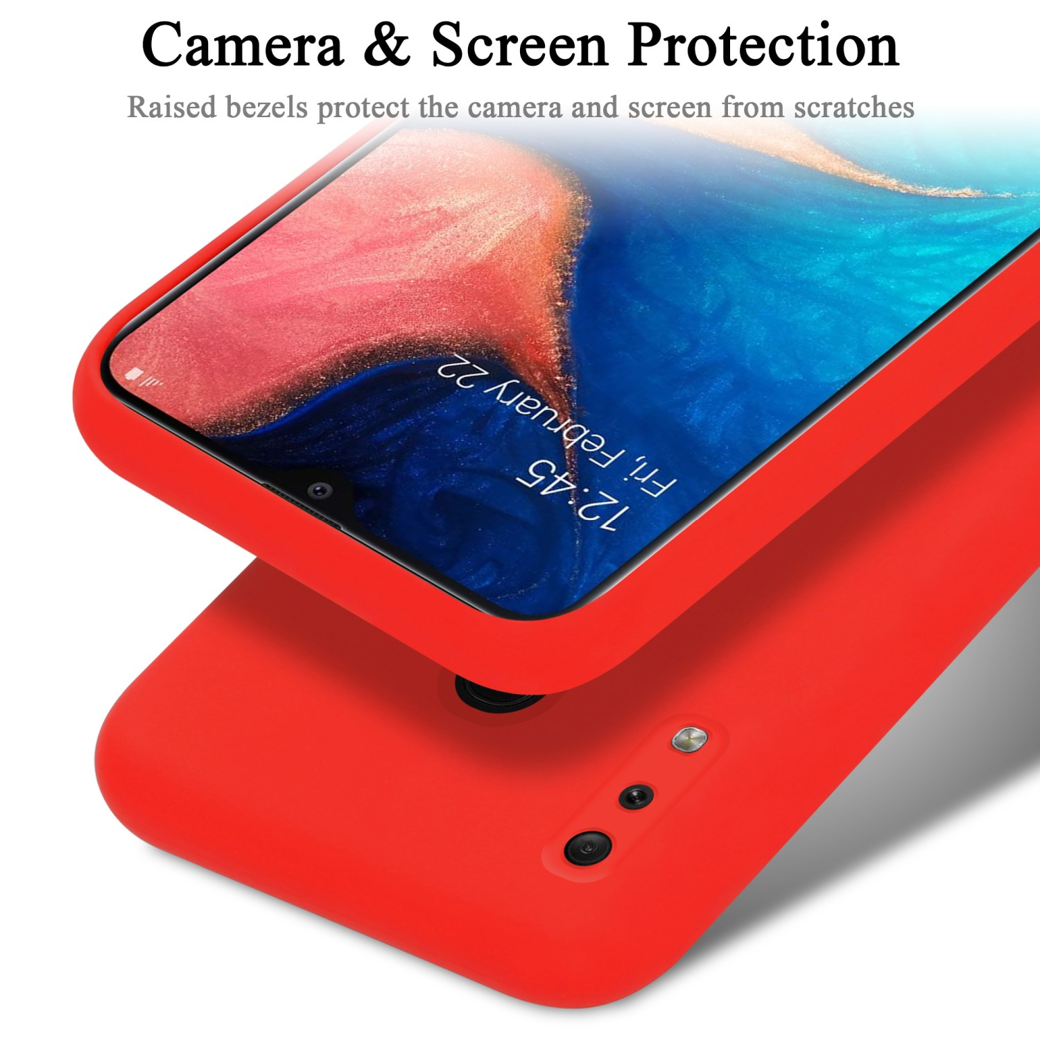 Eine rote Handyhülle mit einem Telefon darin. Die Hülle schützt Kamera und Bildschirm.