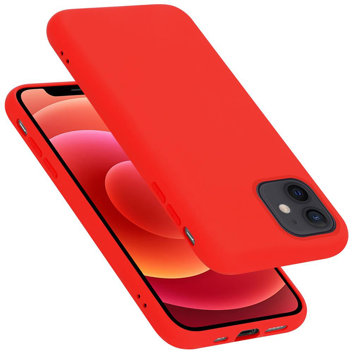 Rote Handyhülle mit Telefon. Das Telefon ist auf dem Bildschirm.