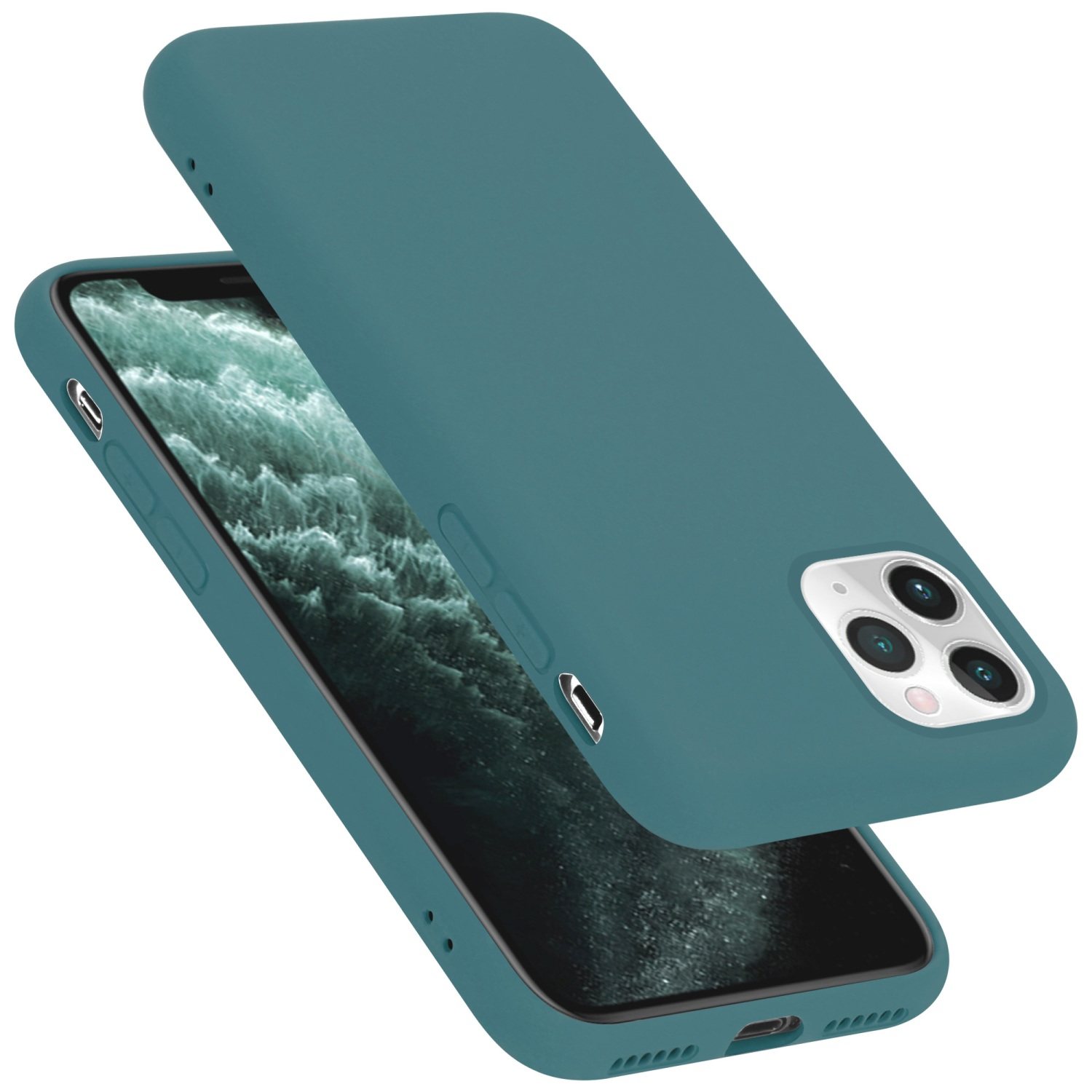 Custodia verde acqua su un telefono. La custodia è staccata.