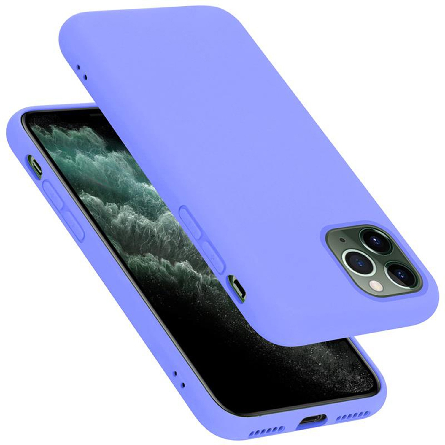 Blaue Handyhülle mit Telefon. Das Telefon ist auf dem Bildschirm.