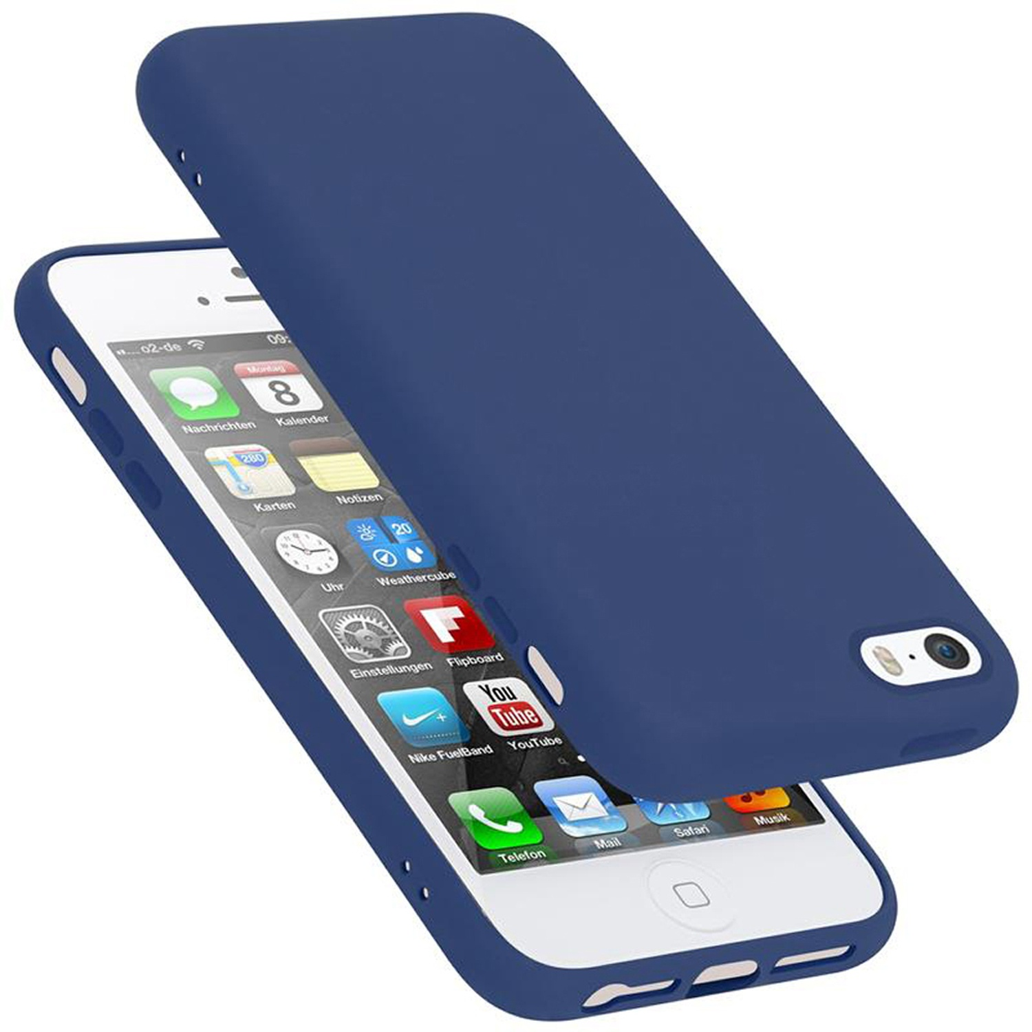 Dunkelblaue Handyhülle über einem Telefon mit weißem Bildschirm und Apps. Die Hülle ist abgenommen.