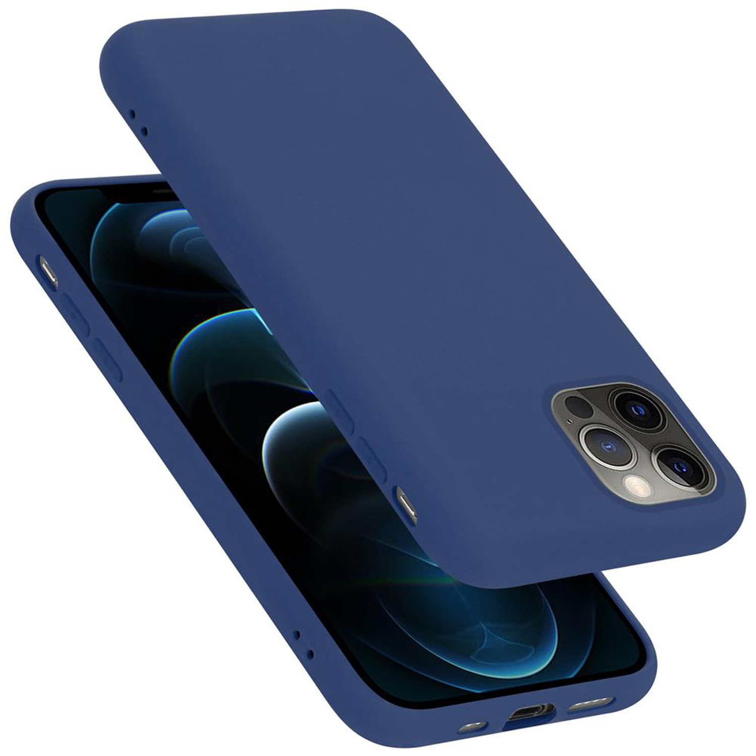 Eine marineblaue Handyhülle. Das Telefon hat einen Bildschirm. Die Hülle ist offen und abgewinkelt. Die Hülle ist glatt.