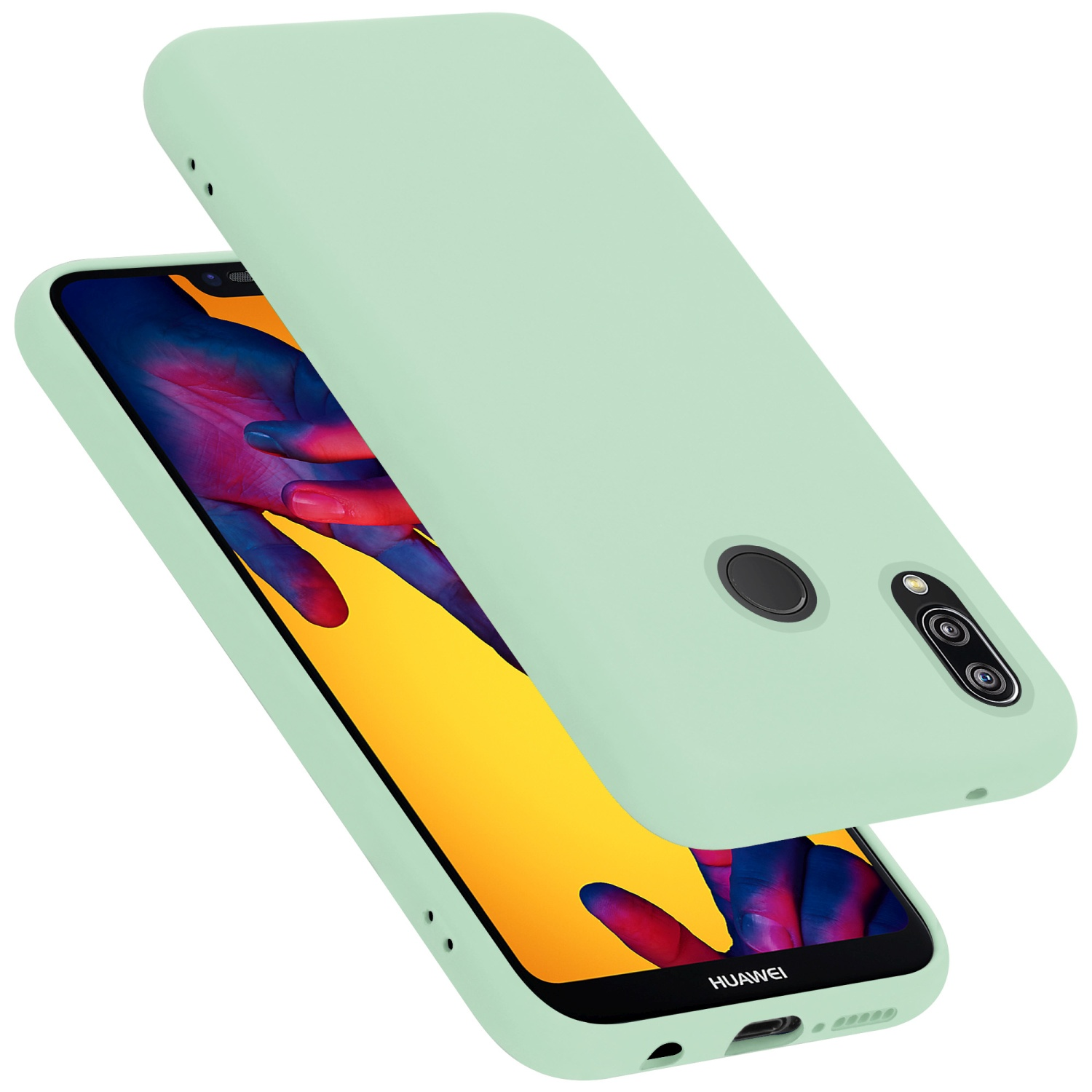 Minzgrüne Handyhülle mit Telefon. Die Hülle ist offen. Weißer Hintergrund.