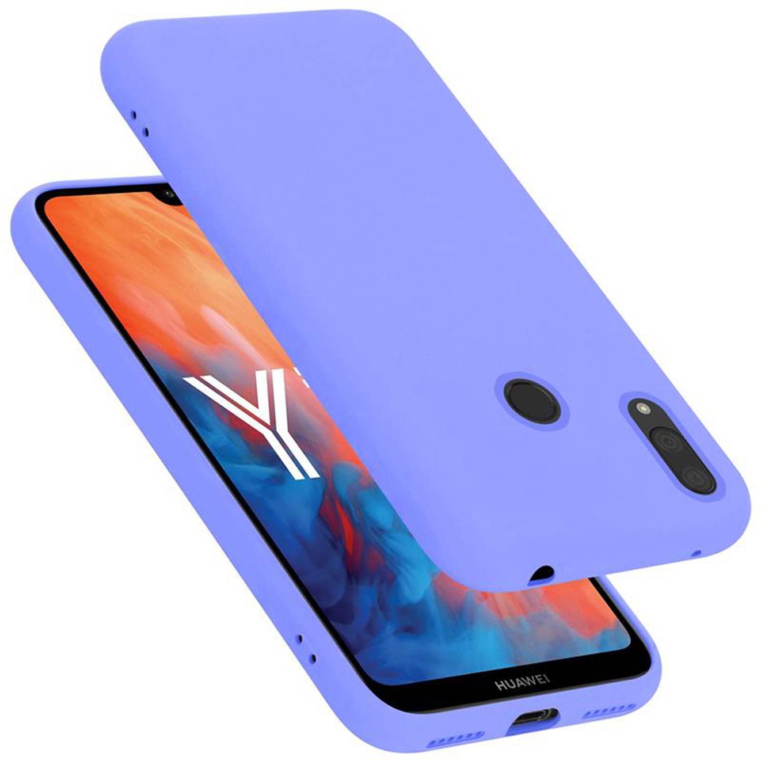 Lila Handyhülle auf einem Telefon. Das Telefon liegt auf weißem Untergrund. Die Hülle hat Löcher für die Kamera.