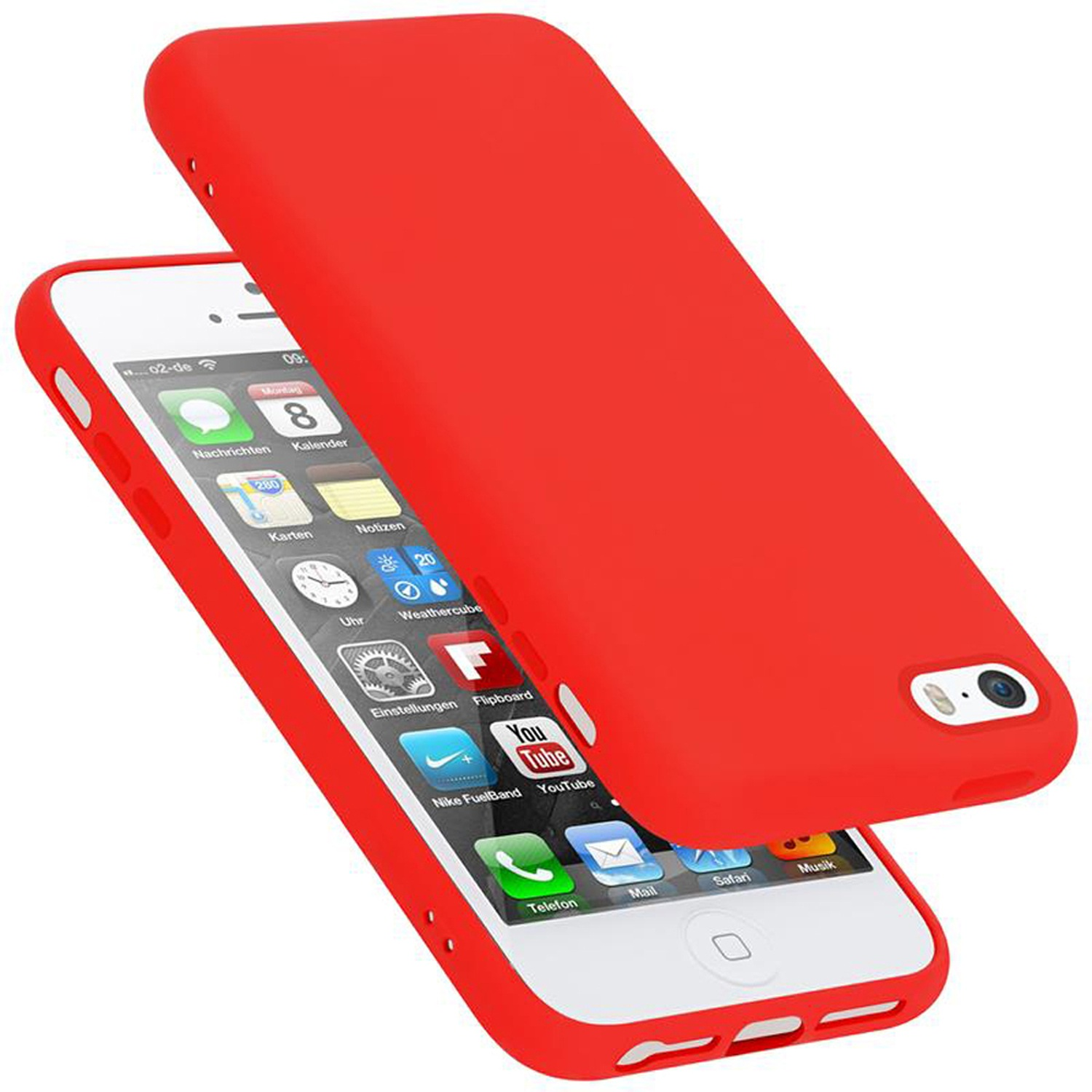 Ein rotes Telefon und eine Hülle. Das Telefon hat ein weißes Display mit Apps. Weißer Hintergrund.