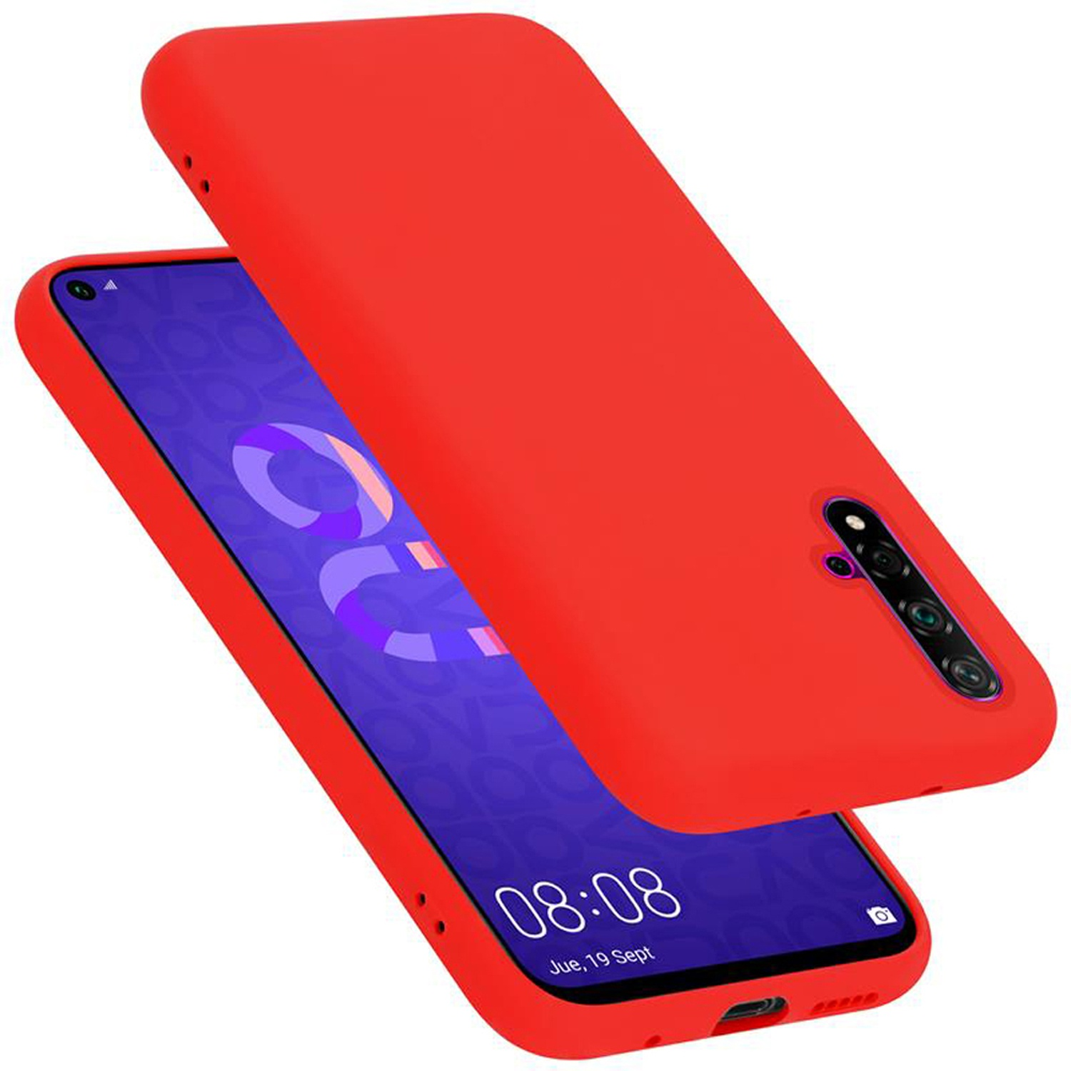 Rote Handyhülle mit Telefon. Die Hülle ist offen. Hintergrund ist weiß. Die Zeit wird angezeigt.