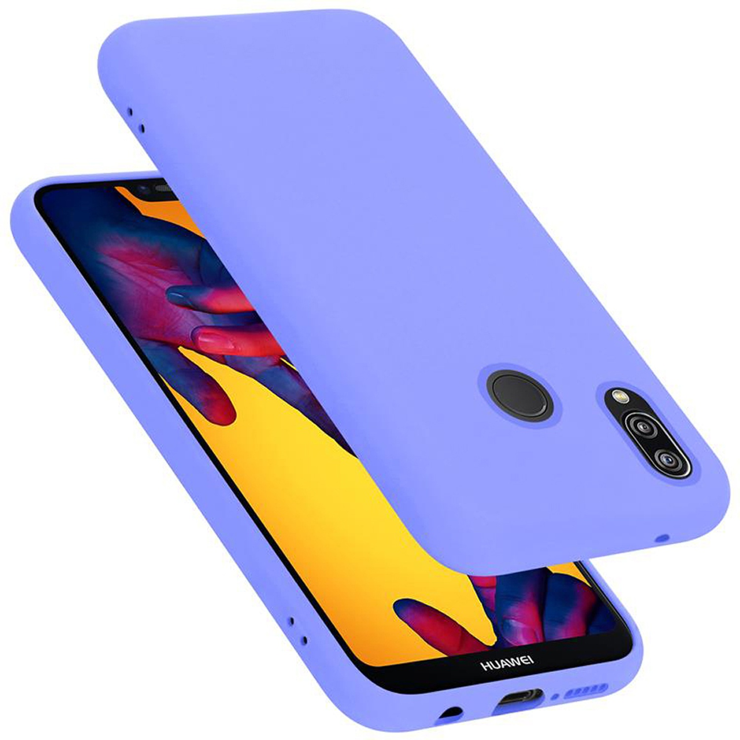 Zwei Handyhüllen. Eine ist auf einem Telefon. Das Telefon ist lila. Die Hülle ist ähnlich.