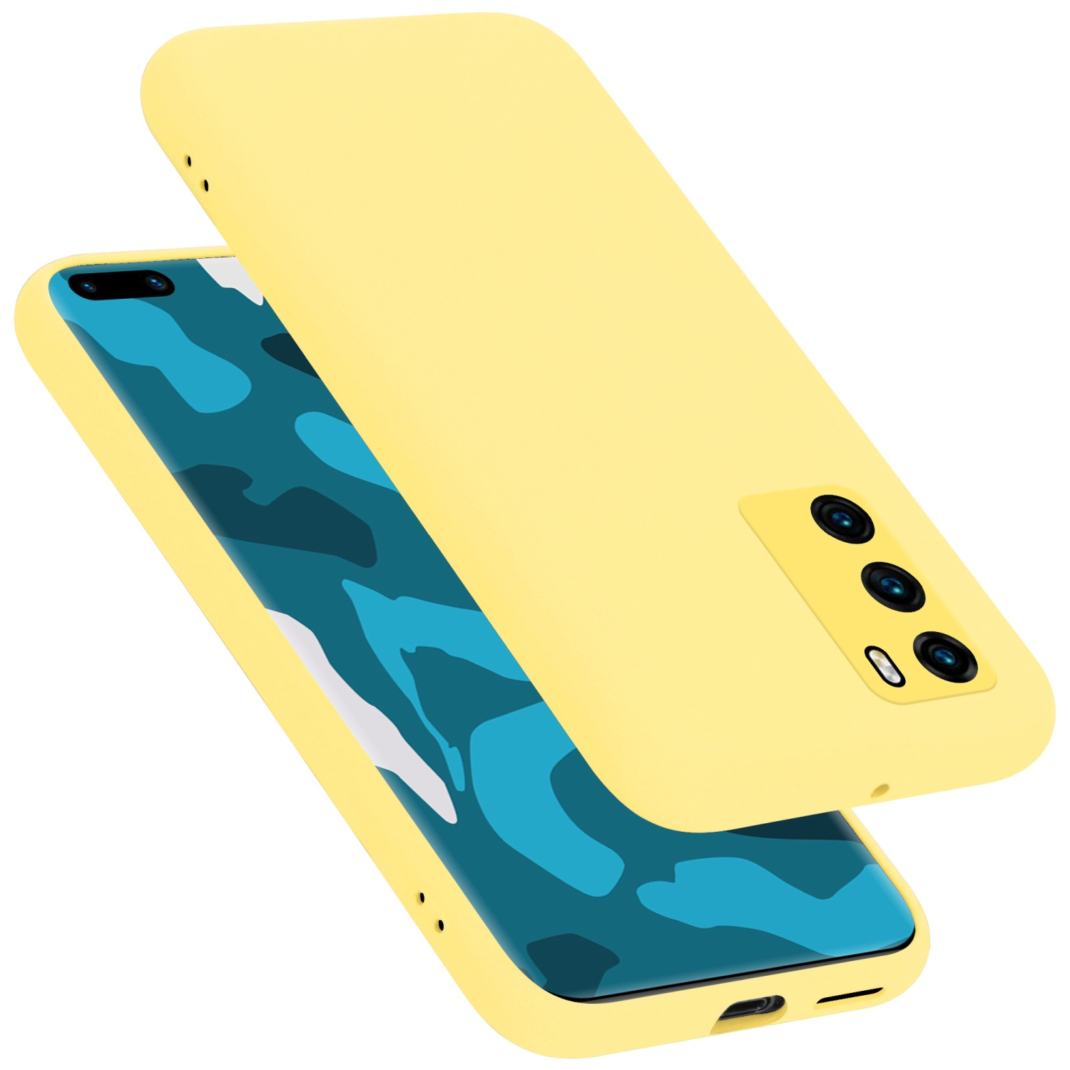 Un telefono giallo con sfondo blu e custodia gialla.