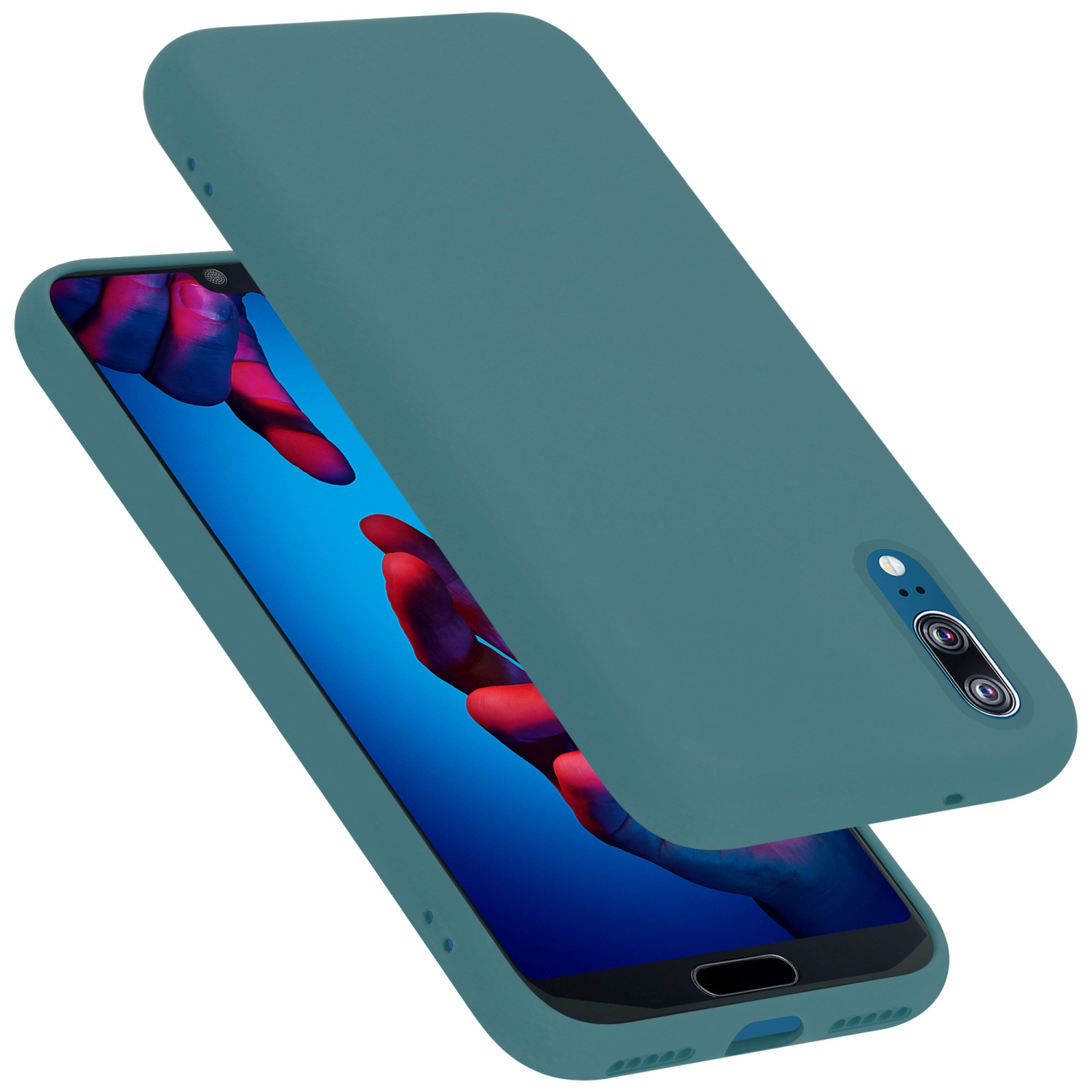 Ein türkisfarbenes Telefon mit passender Hülle. Das Telefon ist blau mit roten Händen auf dem Display.