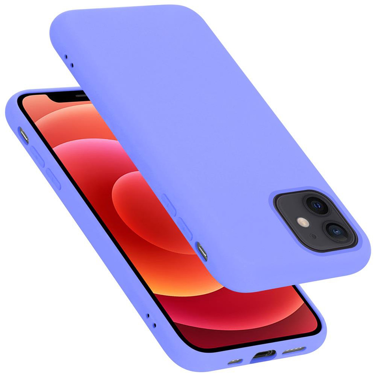 Lila Handyhülle mit Telefon, mit abgehobener Rückseite.