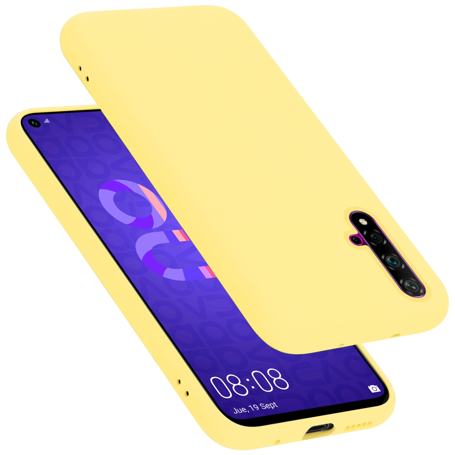 Gelbes Telefon mit passender Hülle, zeigt Telefondesign und Kamera.
