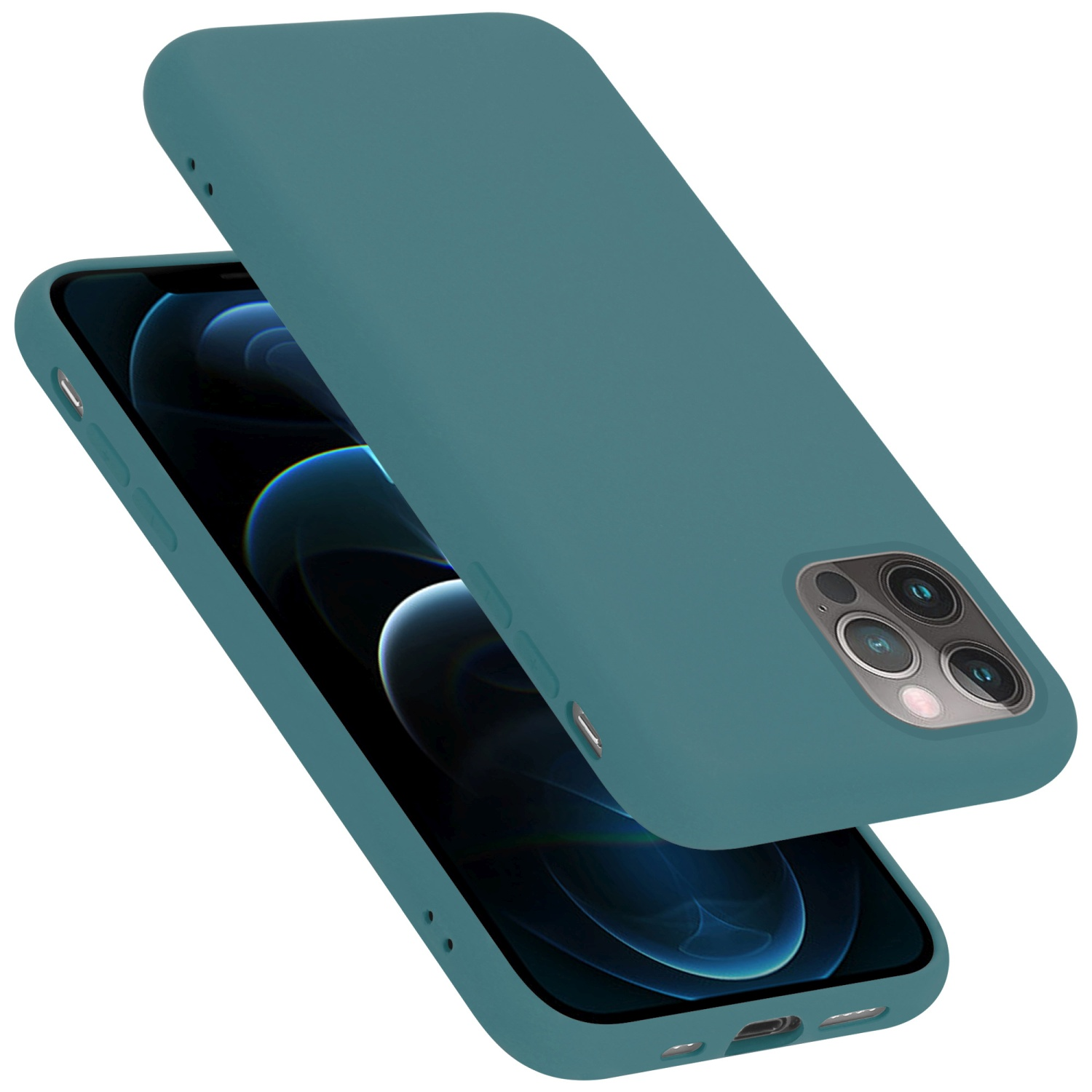 Türkisfarbene Handyhülle auf einem Telefon. Die Hülle ist geöffnet. Telefon und Hülle sind auf weißem Hintergrund.