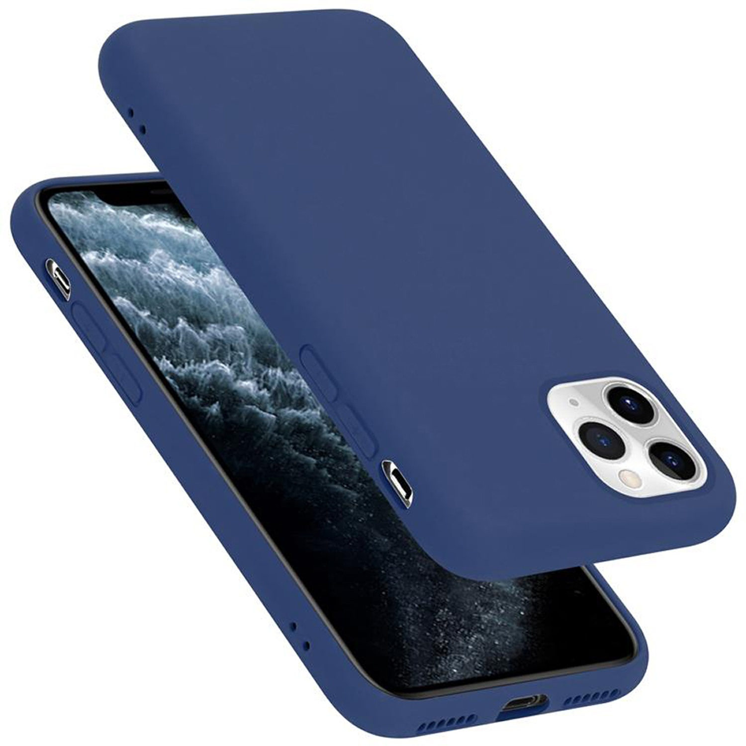 Custodia blu scuro per telefono con telefono dentro, con cover posteriore sollevata.