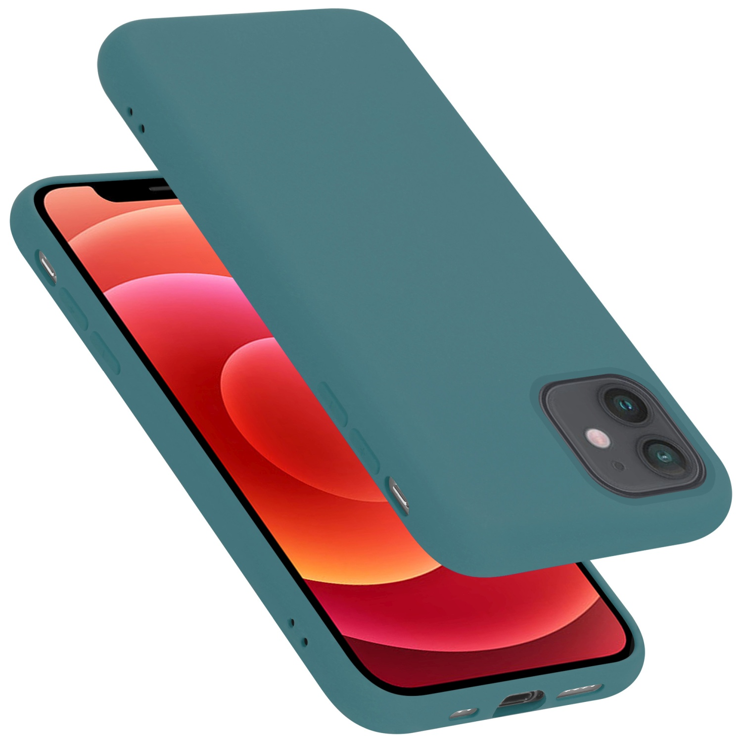 Türkisfarbene Handyhülle mit Telefon. Hülle ist abgewinkelt geöffnet. Telefondisplay zeigt Grafik.