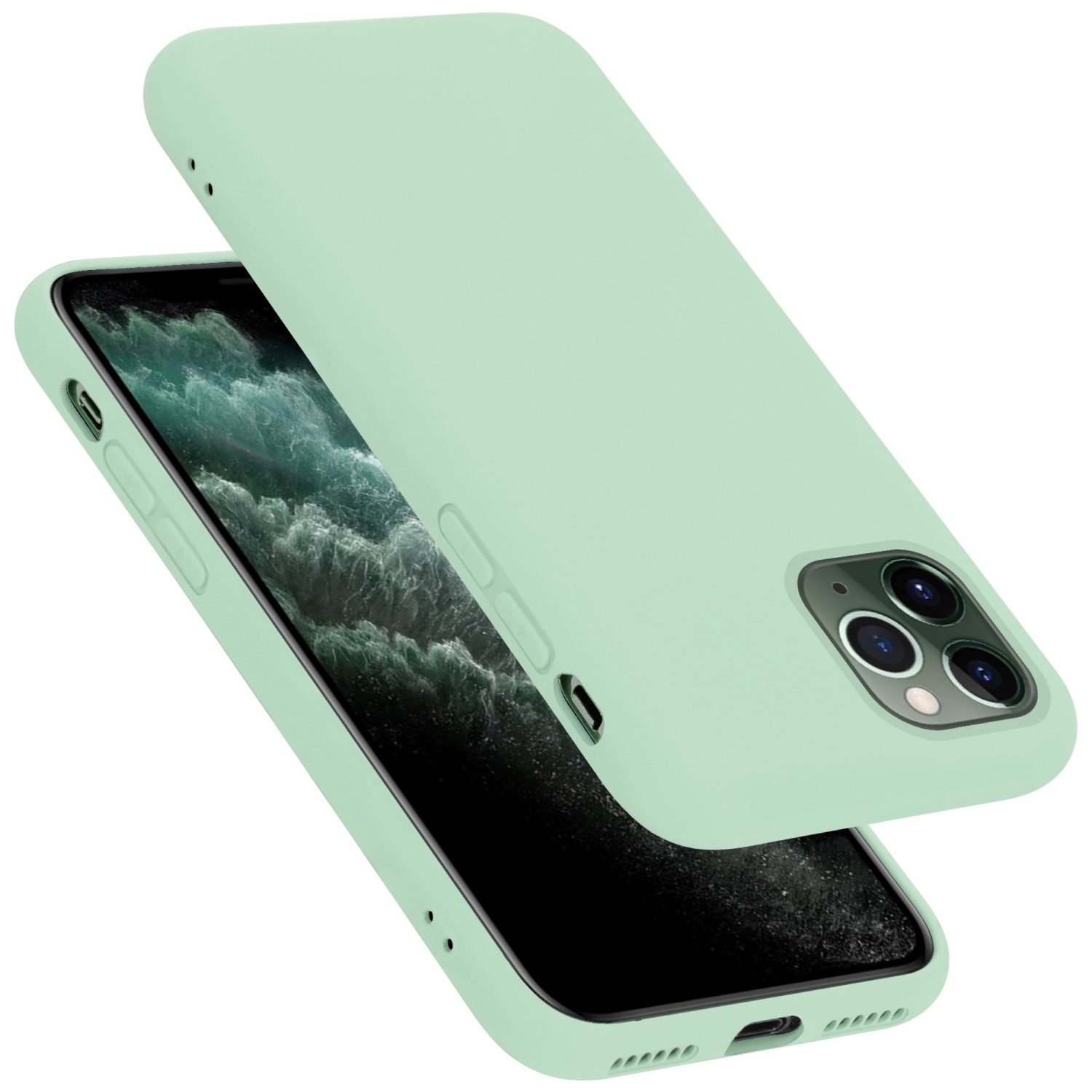 Eine mintgrüne Handyhülle, mit dem Telefon darin. Die Hülle liegt leicht über dem Telefon.