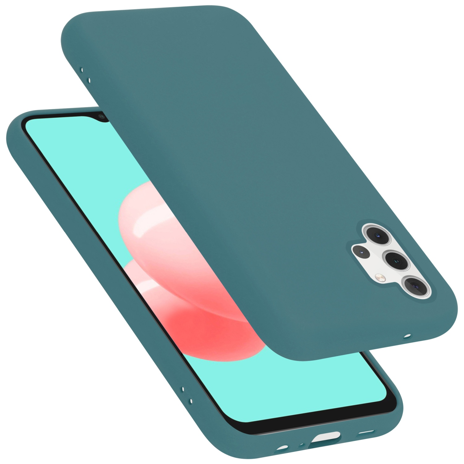 Blaugrüne Handyhülle mit Telefon darin. Die Hülle liegt leicht über dem Telefon. Dreifachkameras sind sichtbar.