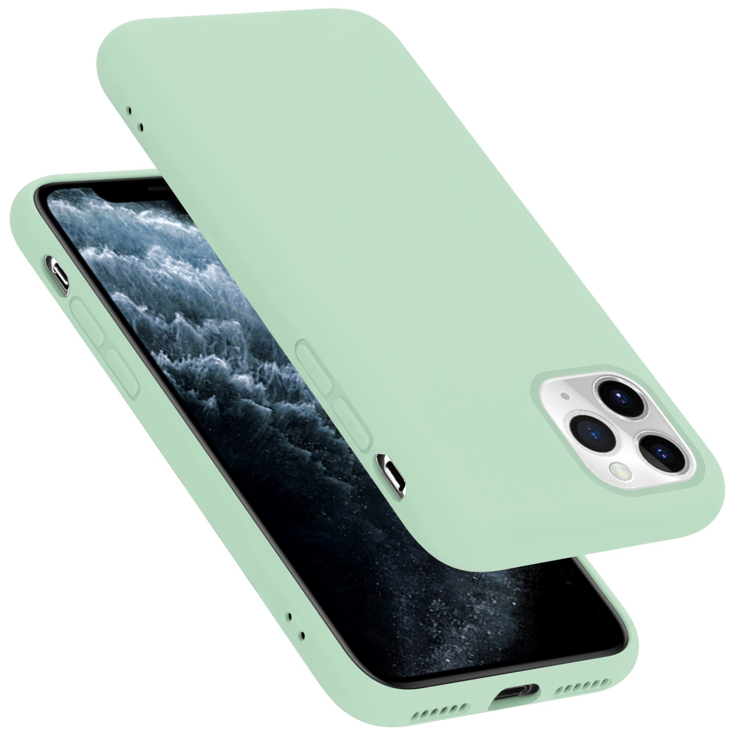 Una custodia verde menta è esposta con il telefono. La custodia è leggermente separata dal telefono.