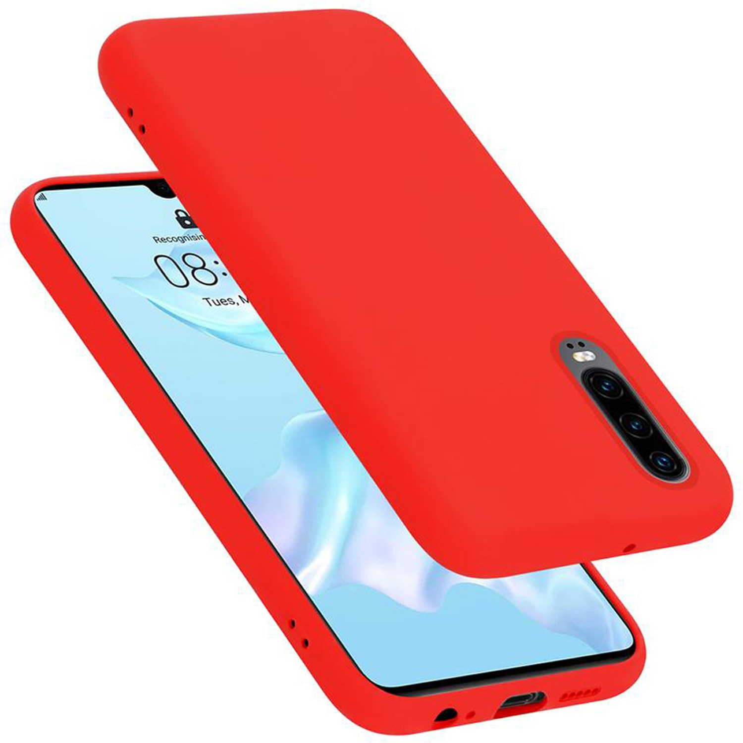 Rote Handyhülle auf einem Telefon. Die Hülle ist offen. Das Telefon hat eine rote Hülle und liegt auf weißem Grund.
