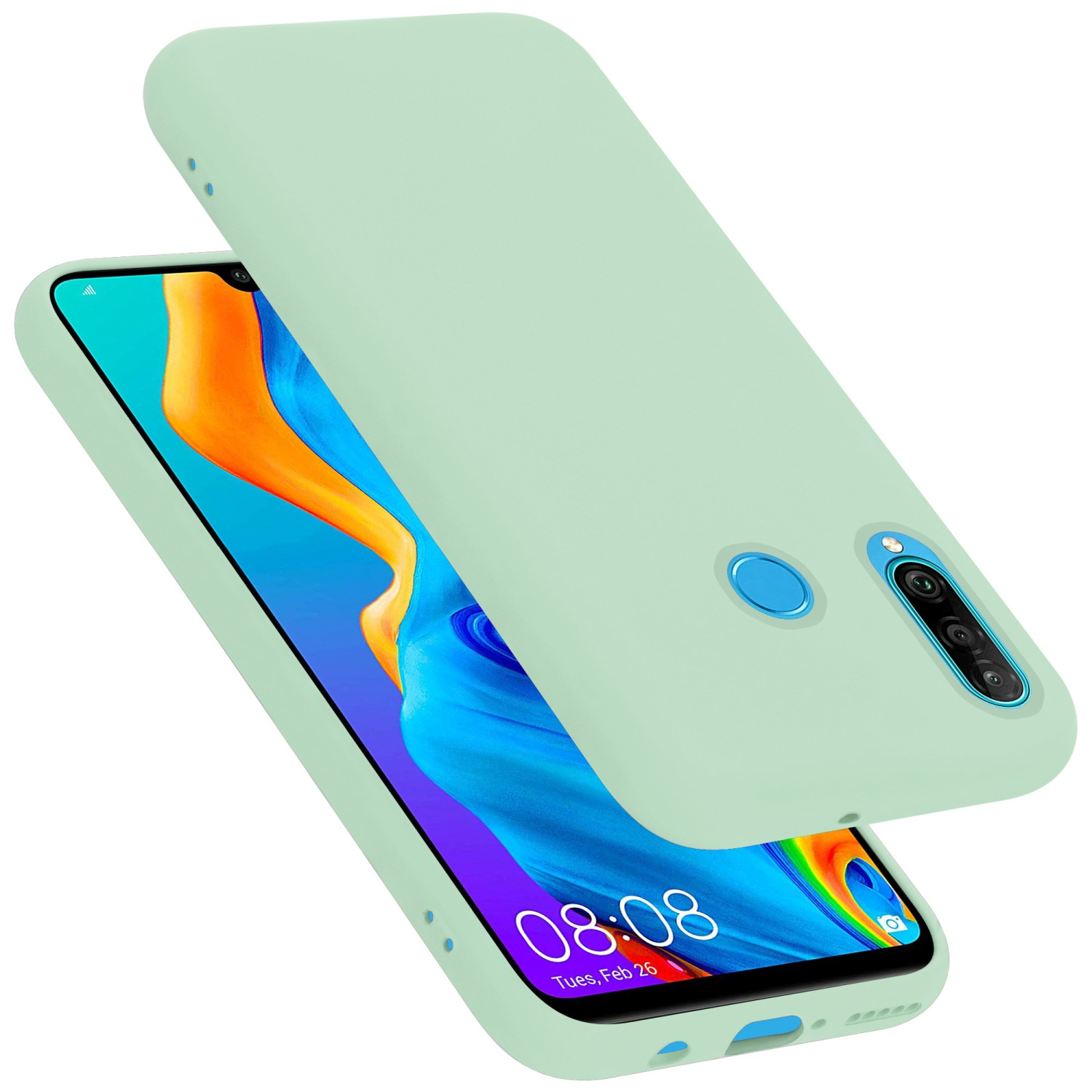 Custodia per telefono alla menta con telefono visibile. La custodia è aperta.