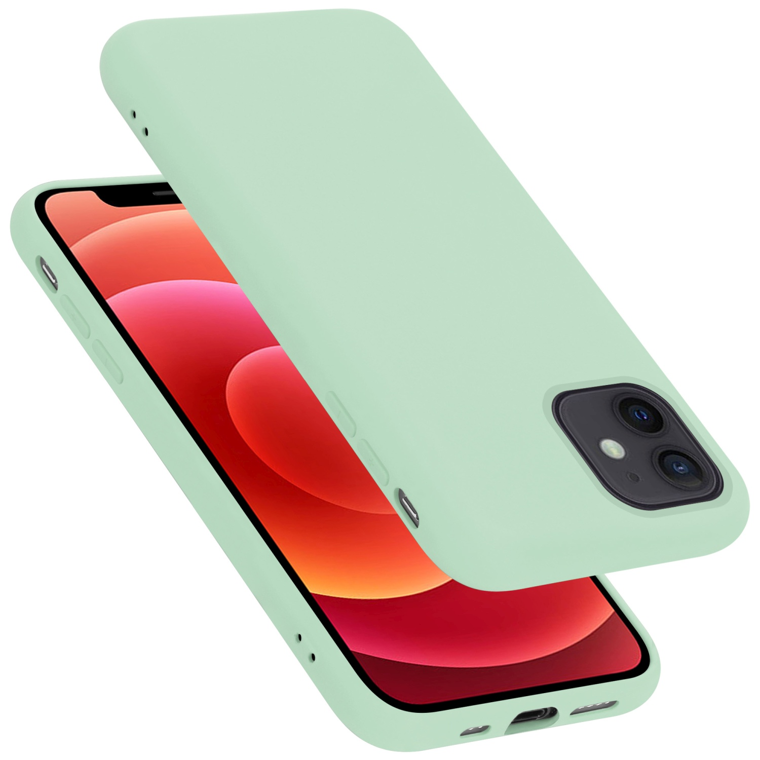 Eine mintgrüne Handyhülle wird über einem Handy mit rotem Bildschirm angezeigt.
