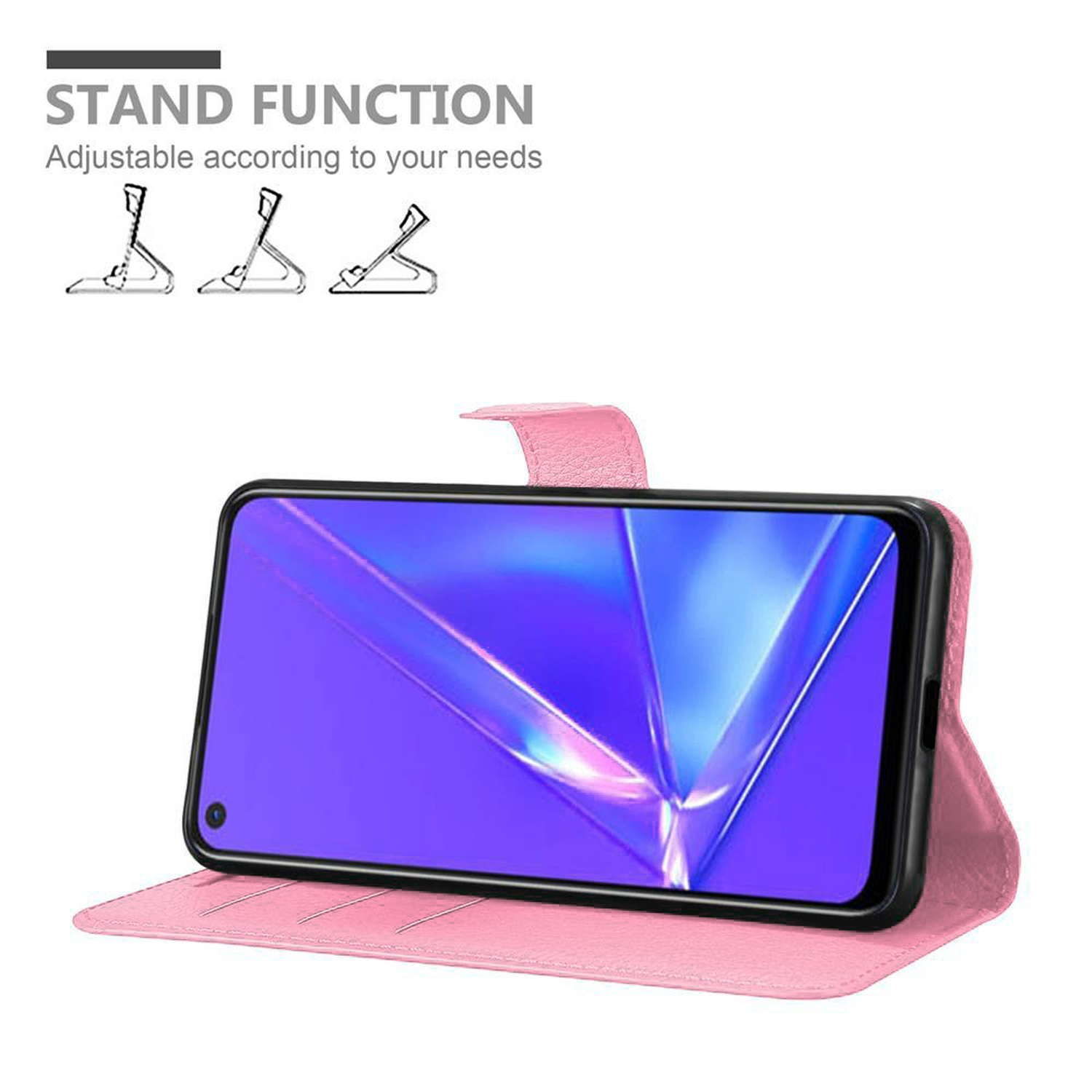 Custodia per telefono rosa con telefono all'interno, mostrata in funzione stand.