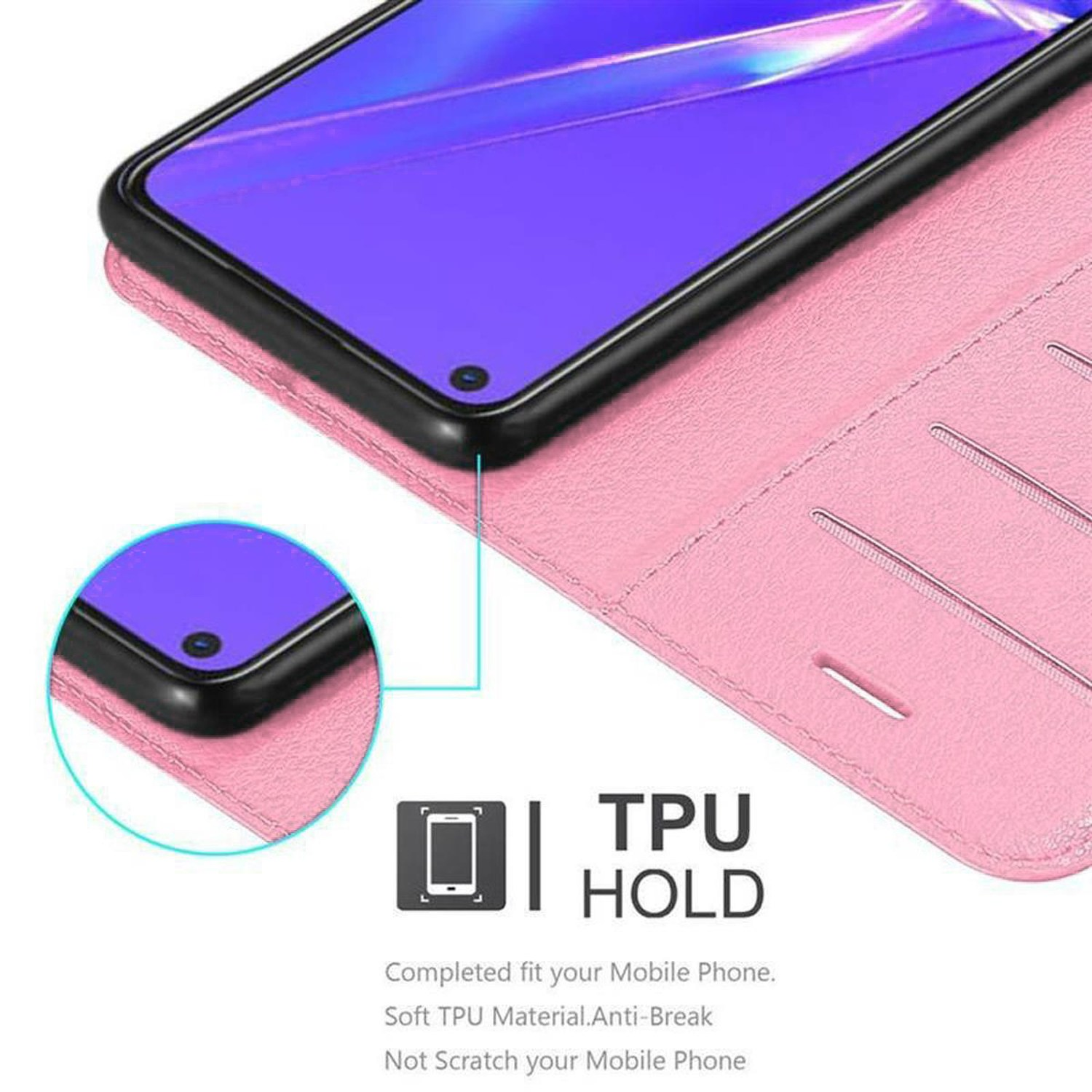 Un telefono è appoggiato in una custodia rosa, mostrando uno schermo nero. La custodia ha un'etichetta TPU HOLD.