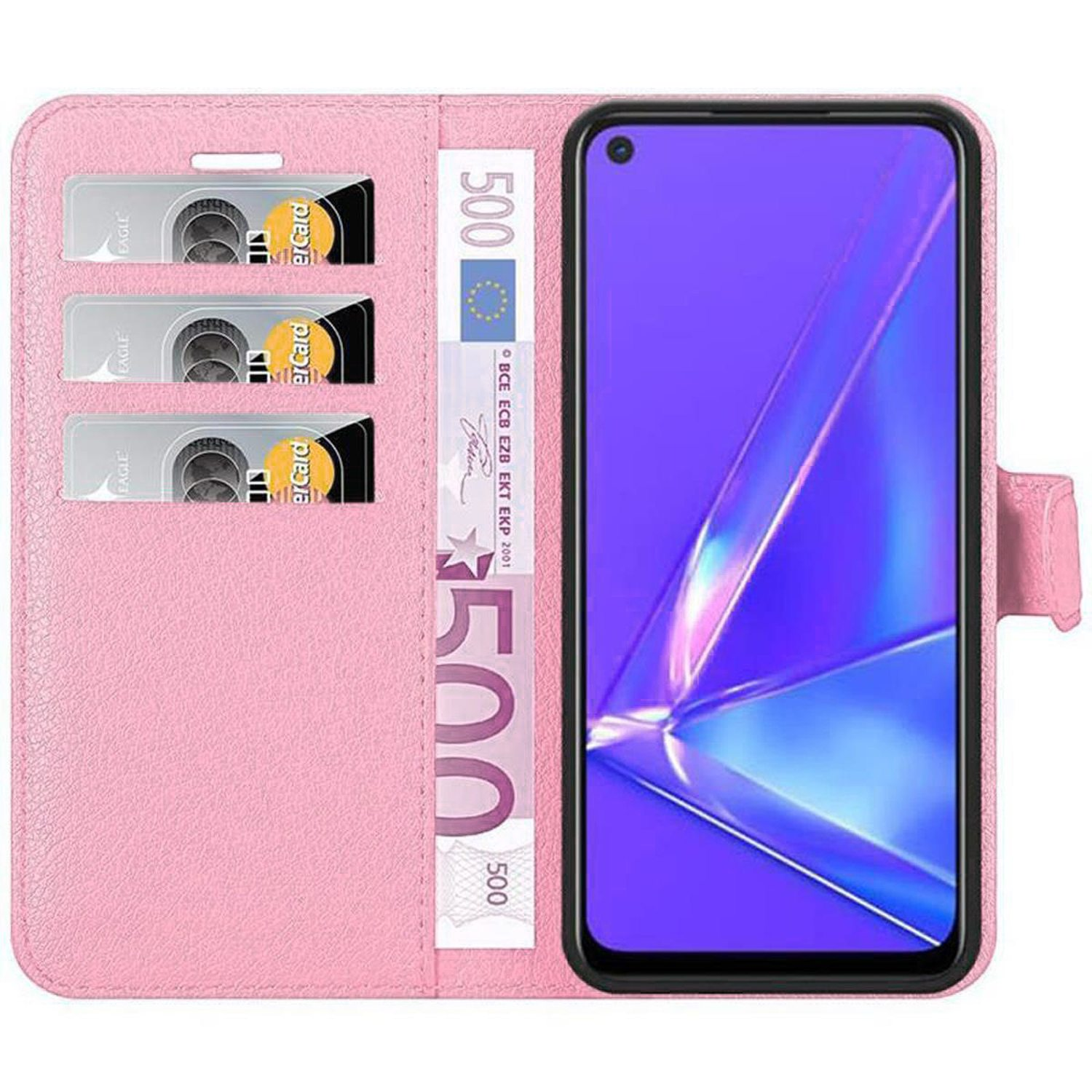 Portafoglio rosa per telefono con carte e euro. Telefono con schermo con sfondo viola e blu.