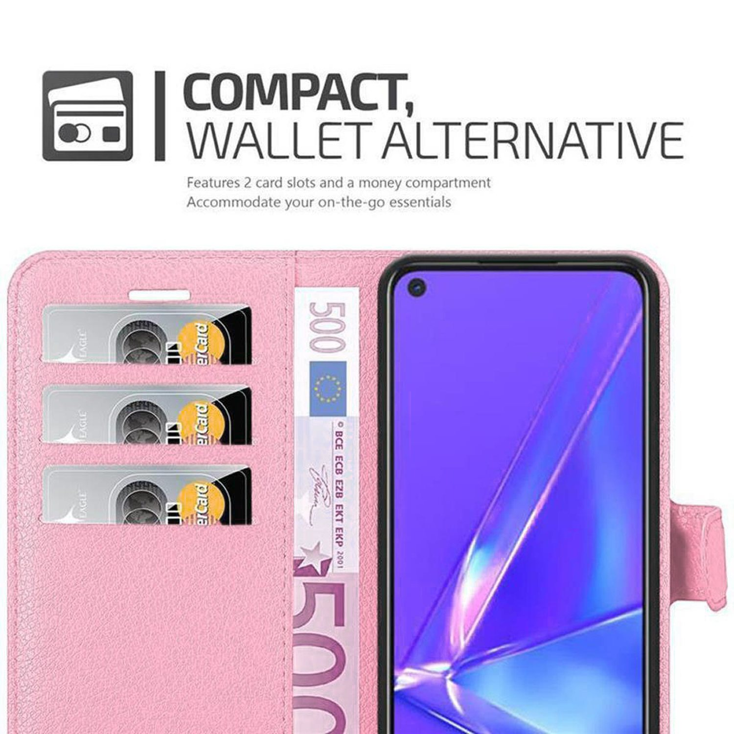 Custodia rosa per telefono con scomparti per carte e un vano per i soldi. La custodia è aperta per mostrare un telefono e le carte.