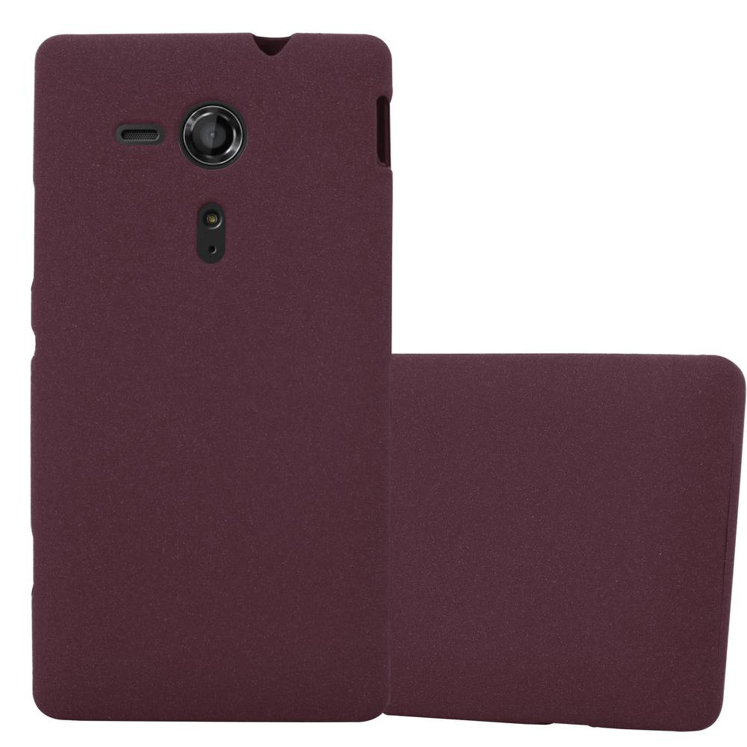Funda de teléfono granate con lente de cámara.