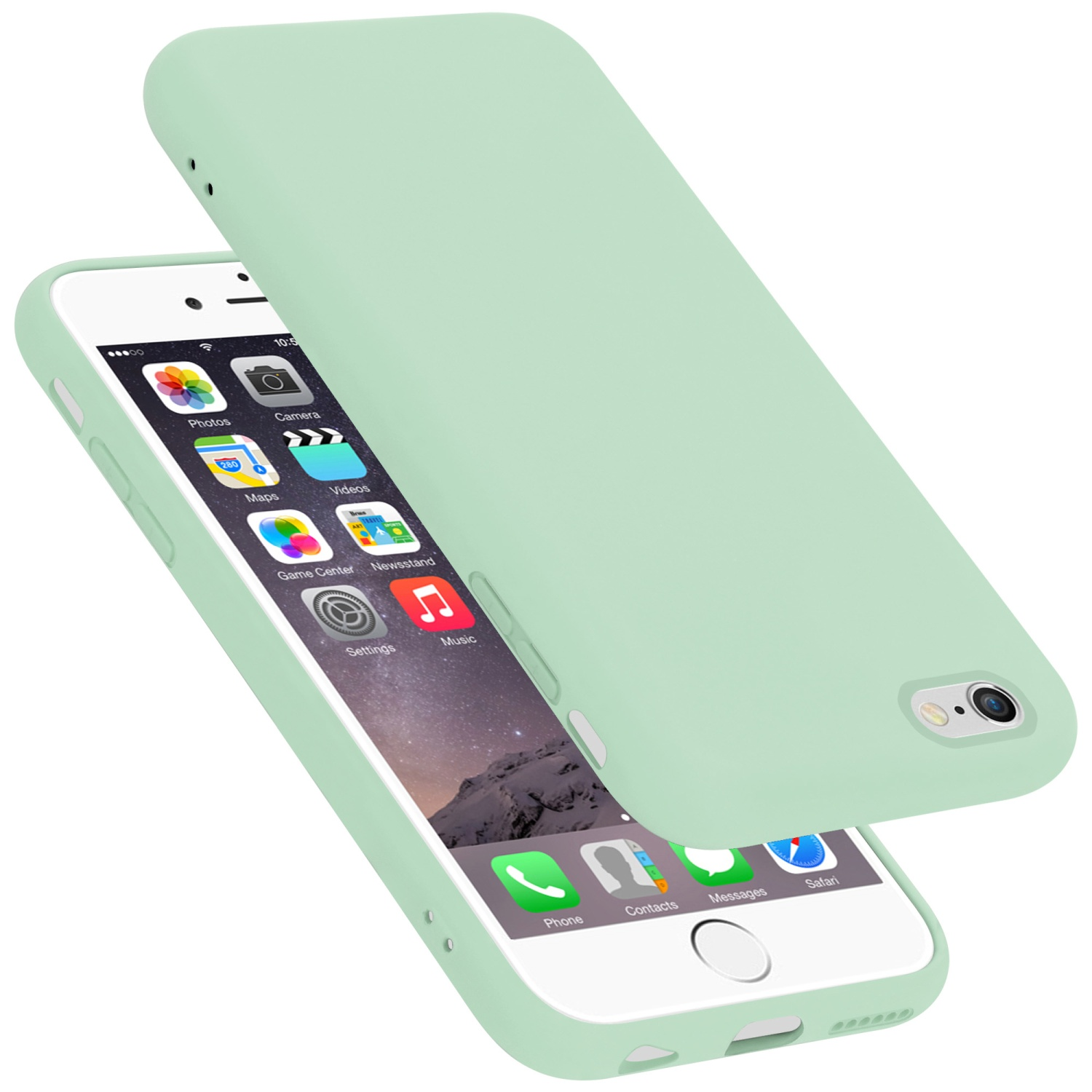 Custodia verde menta con icone. Un'altra custodia sopra. Sfondo bianco.