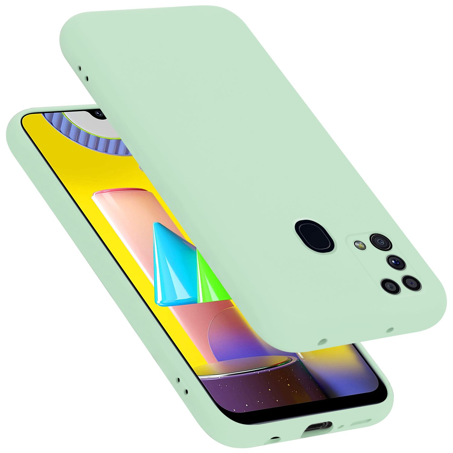 Una custodia verde menta per telefono con un telefono all'interno e il retro staccato su sfondo bianco.